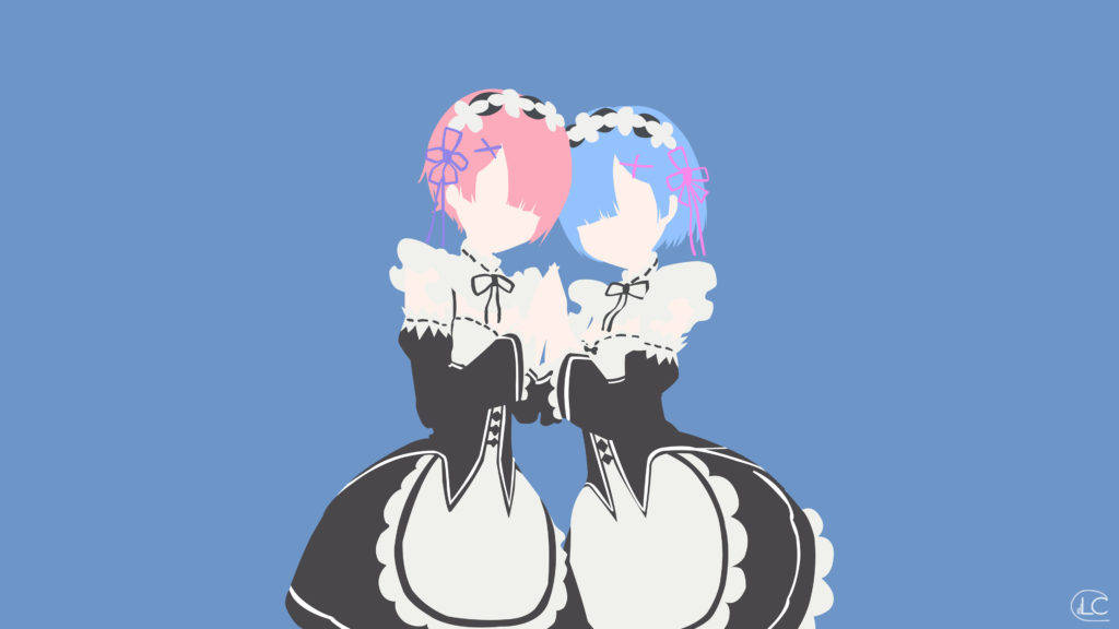 Minimalist Anime 桌布 壁紙 — 兩個動漫女僕角色，一粉一藍頭髮，緊貼站立在純藍色背景前。
