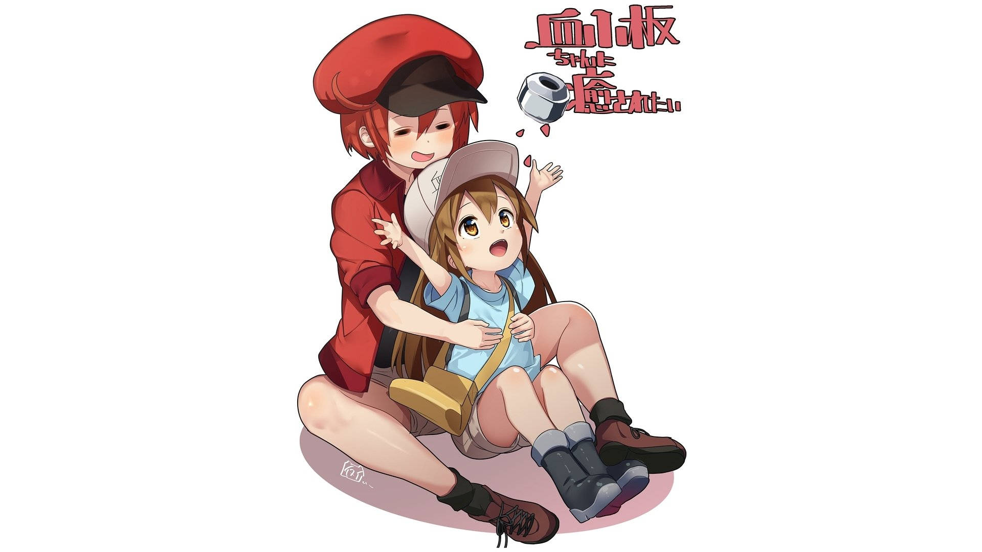 Work 桌布 壁紙 — 兩個動漫女孩，一個戴紅色貝雷帽，擁抱另一個穿藍色襯衫的女孩，同時一卷衛生紙在他們附近飛過。