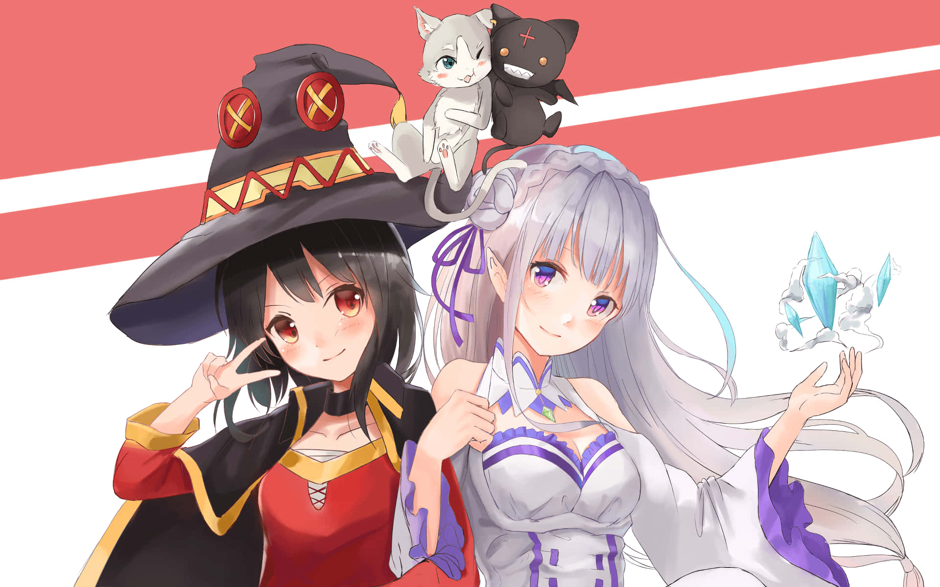 Konosuba 桌布 壁紙 — 兩個動漫女孩，一個戴著女巫帽和貓，另一個帶著發光的水晶，背景是紅白條紋。