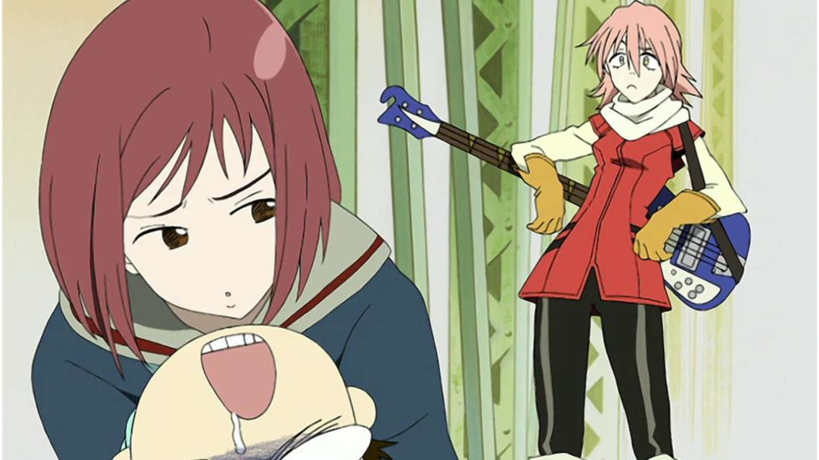 Flcl 桌布 壁紙 — 兩個動漫女孩，一個抱著哭泣的嬰兒，另一個粉紅色頭髮的拿著藍色低音吉他。