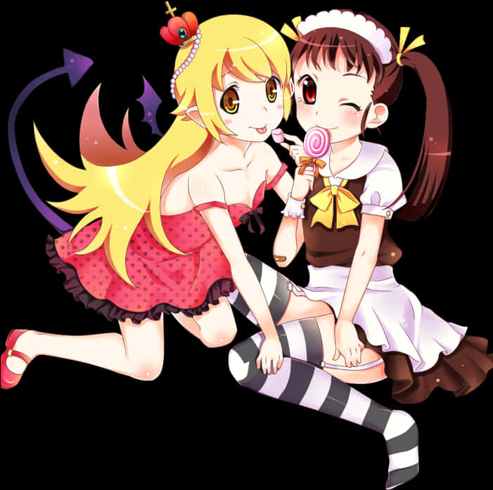 動漫 桌布 壁紙 — 兩個動漫女孩，一個有惡魔尾巴和紅色連衣裙，另一個穿著女僕裝拿著棒棒糖，背景為黑色。