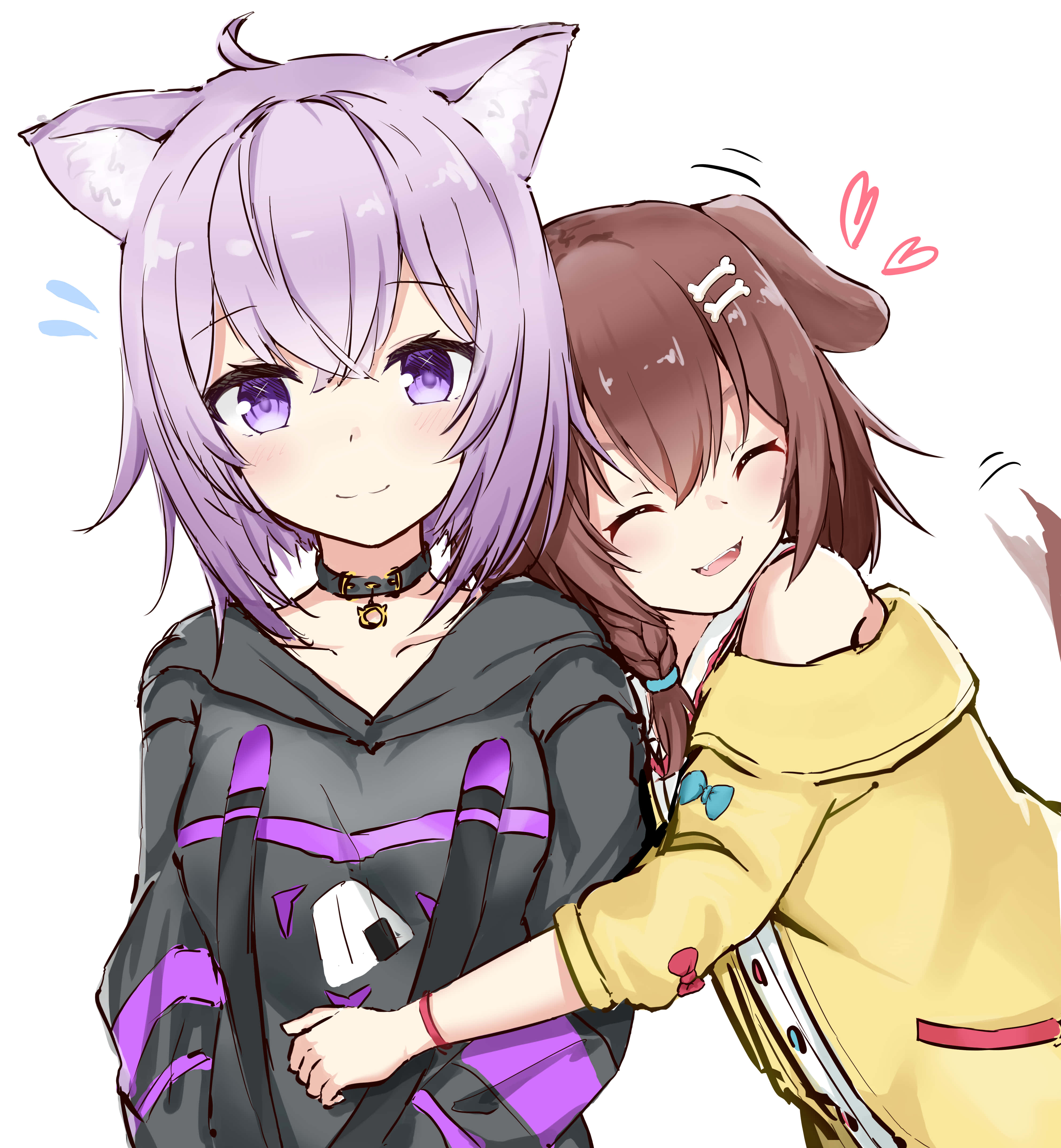 Inugami Korone 桌布 壁紙 — 兩個動漫女孩，一個有紫色貓耳，另一個有棕色頭髮，在純白色背景上溫暖地擁抱。