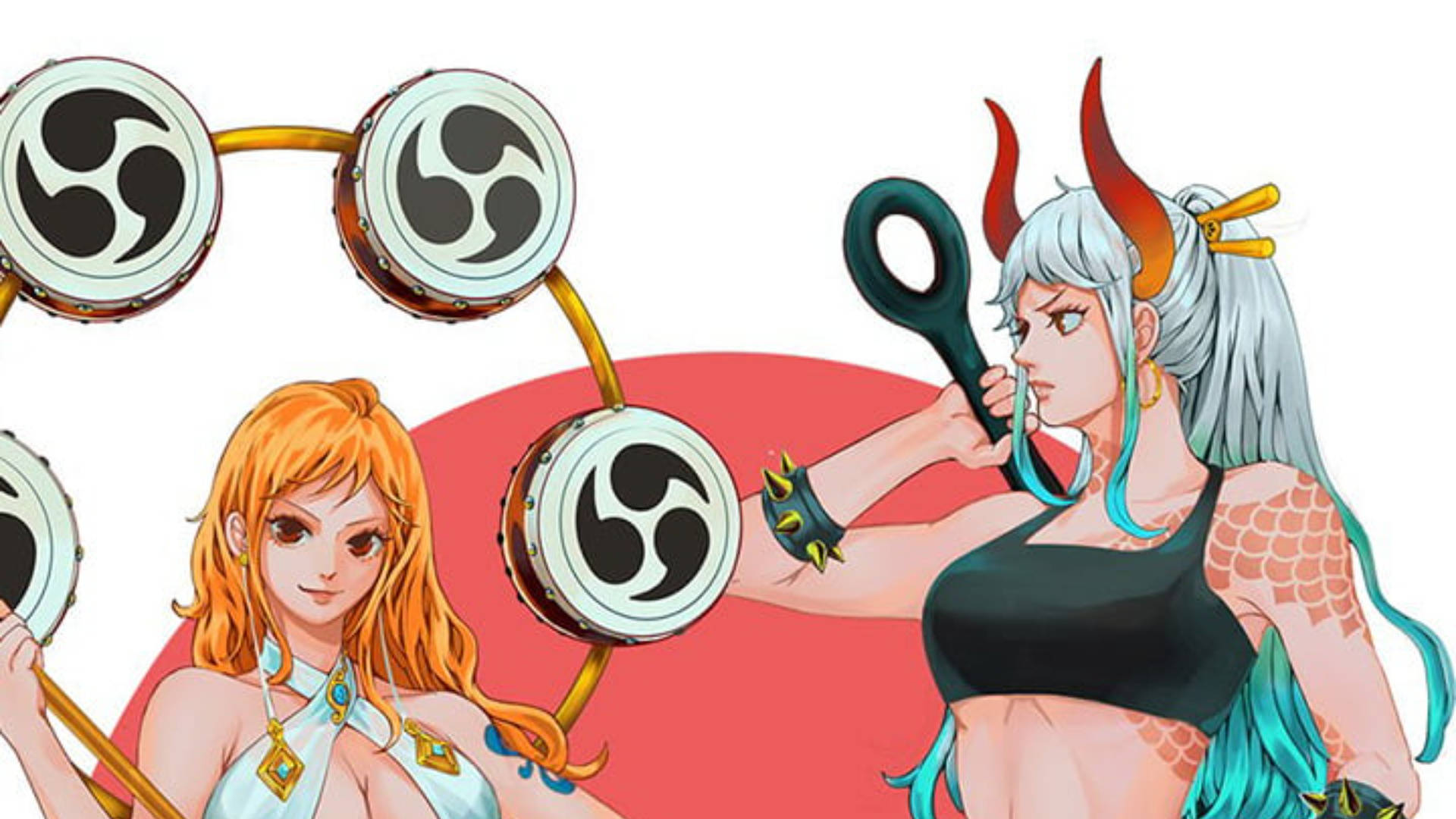 Nami 桌布 壁紙 — 兩個動漫女孩，一個橙色頭髮拿著太鼓，另一個銀色頭髮紅色角揮舞著一把巨大的剪刀，背景是紅色太陽。