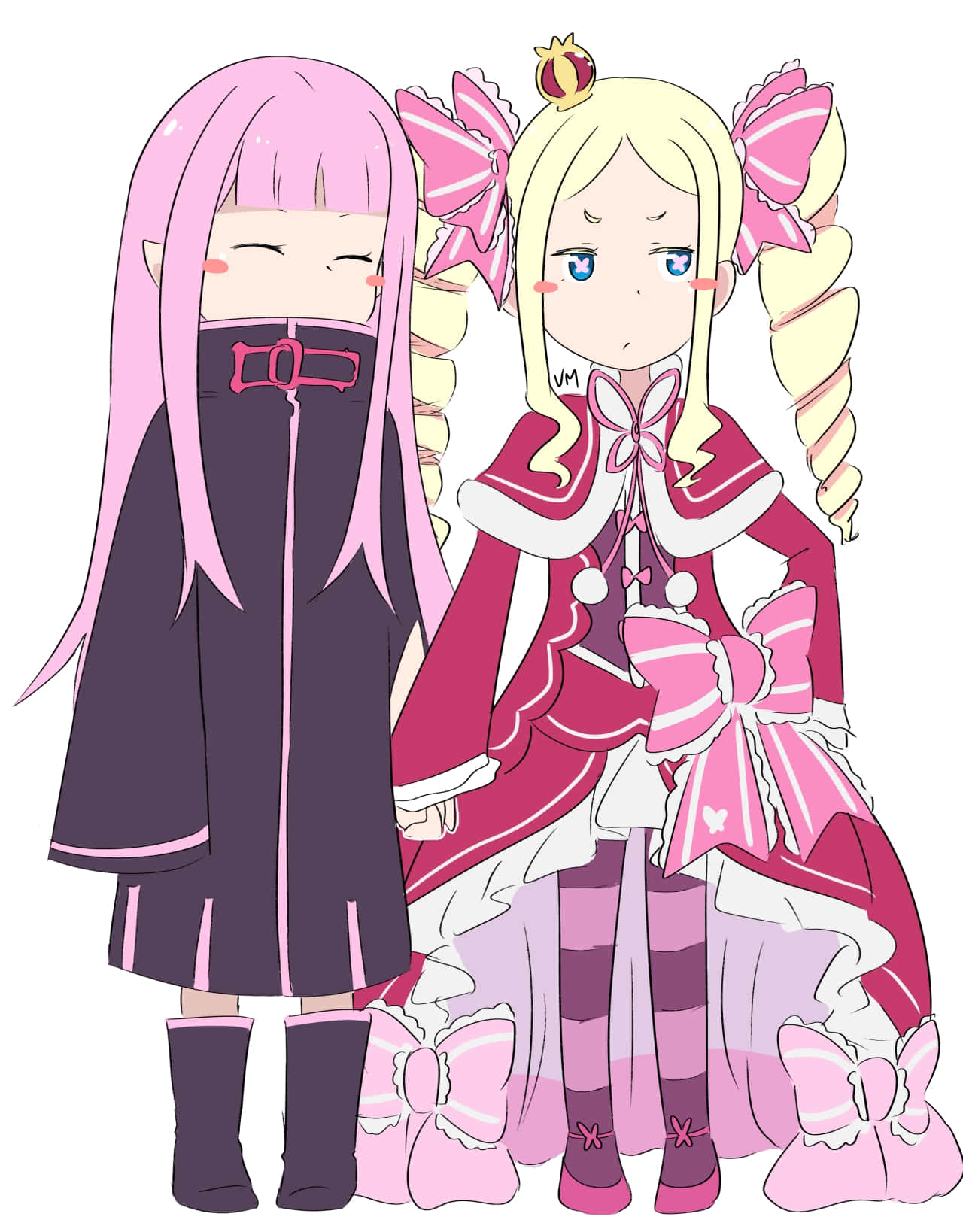 Ryuzu Meyer 桌布 壁紙 — 兩個動漫女孩，一個穿著深粉紅色服裝閉著眼睛，另一個穿著精緻的粉紅色和白色連衣裙，帶有大蝴蝶結。