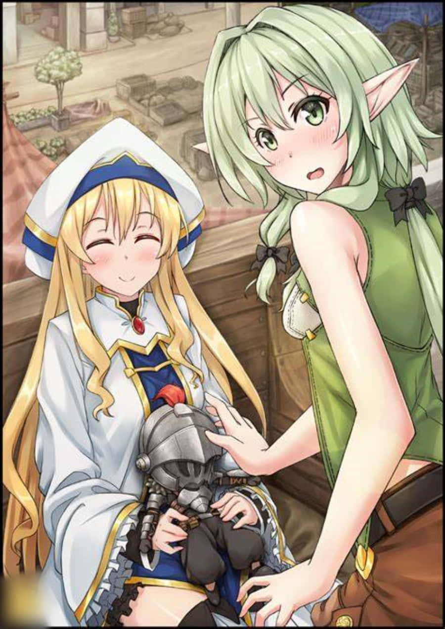 Goblin Slayer 桌布 壁紙 — 兩個動漫女孩，一個穿著白色制服拿著頭盔，另一個綠髮精靈驚訝地看著。