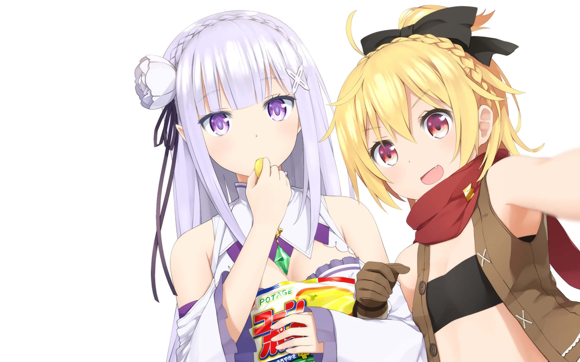Re Zero Felt 桌布 壁紙 — 兩個動漫女孩，一個紫髮一個金髮，在純白背景前分享一個零食袋。