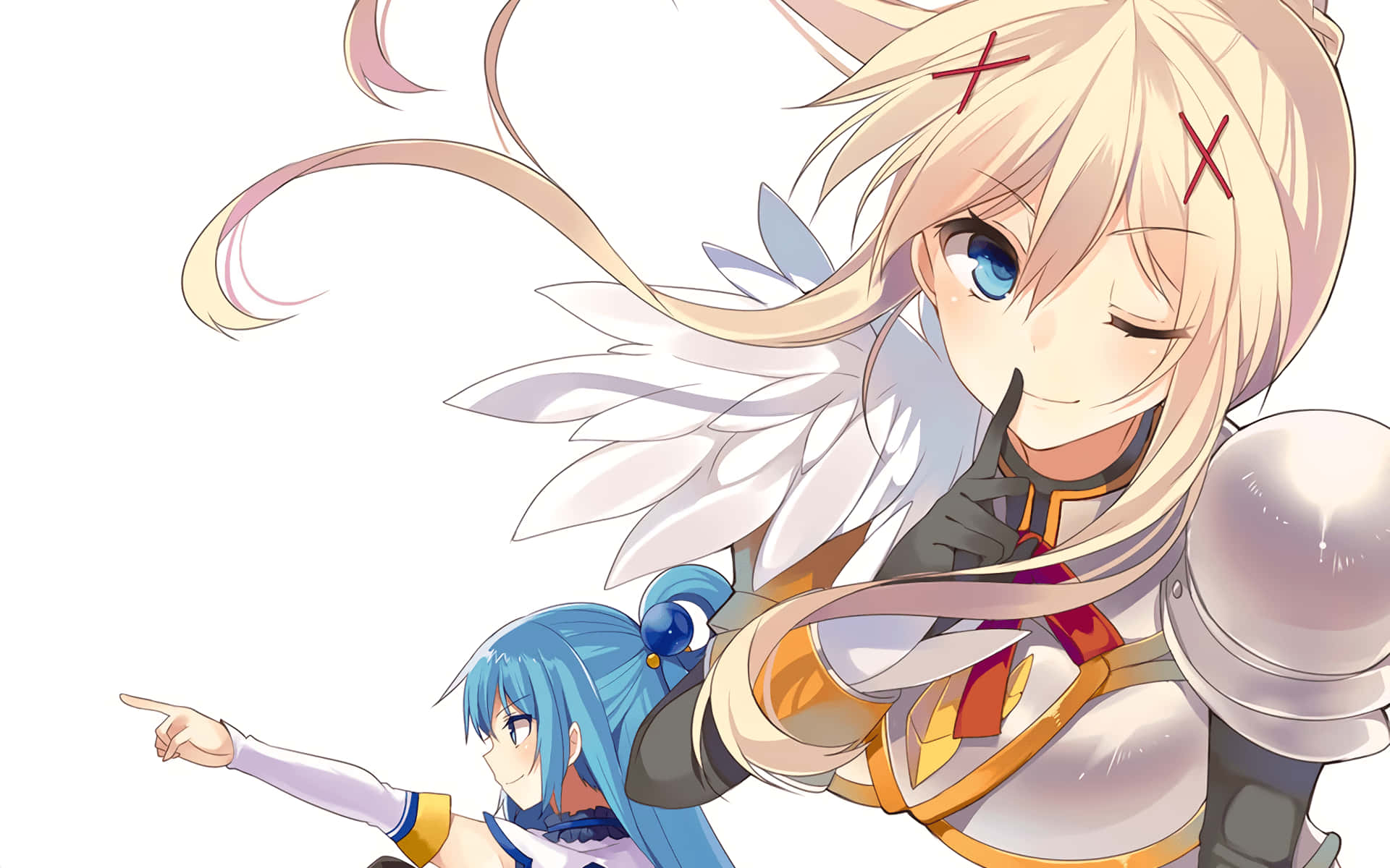 Konosuba 桌布 壁紙 — 兩個動漫女孩，一個金髮天使翅膀眨眼指向，另一個藍髮指向前方，兩者均為動態姿勢。