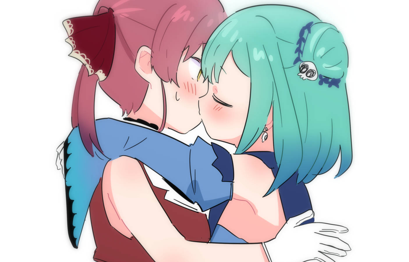 anime kiss 桌布 壁紙 — 兩個動漫女孩，一頭粉紅色和藍綠色頭髮，在純白色背景前溫柔地擁抱。
