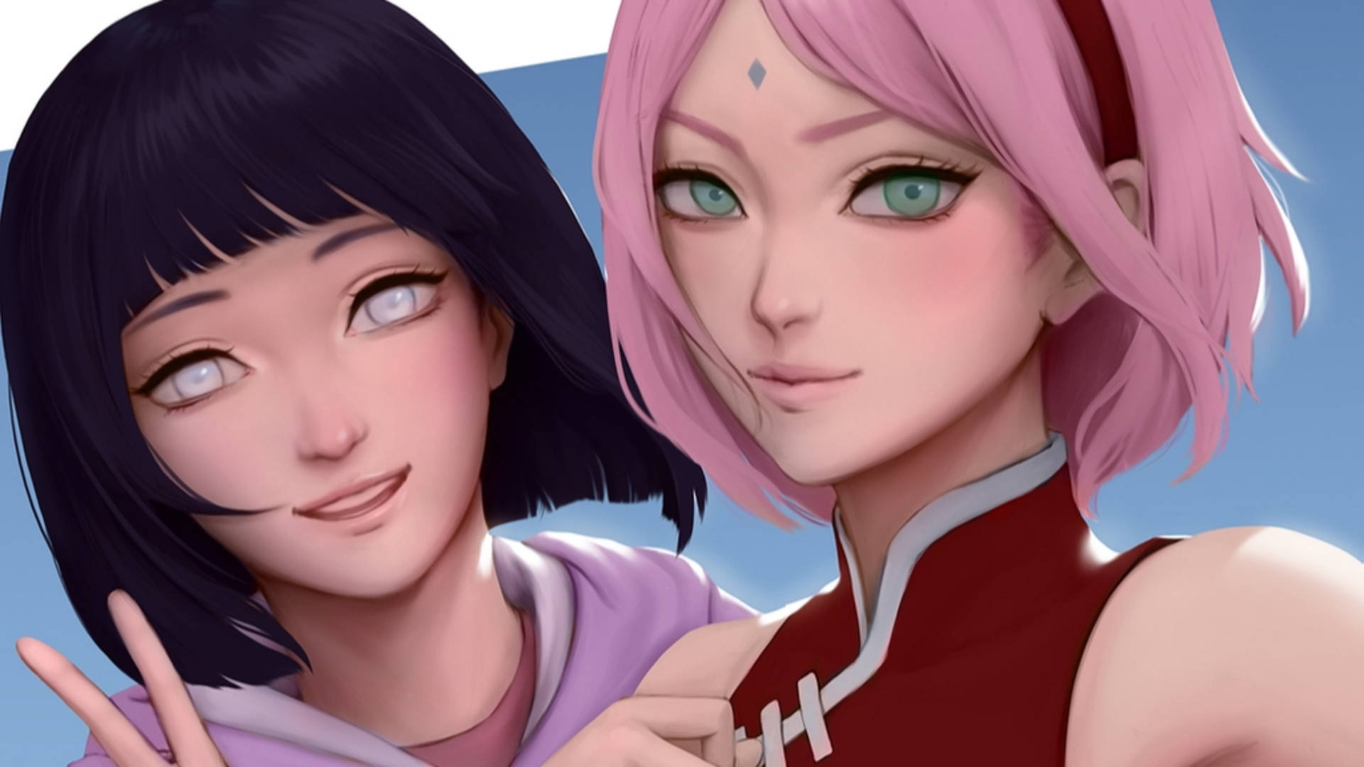 Sakura Haruno 桌布 壁紙 — 兩個動漫女孩，一頭粉紅色和黑色頭髮，在柔和的藍天背景下溫暖地微笑。