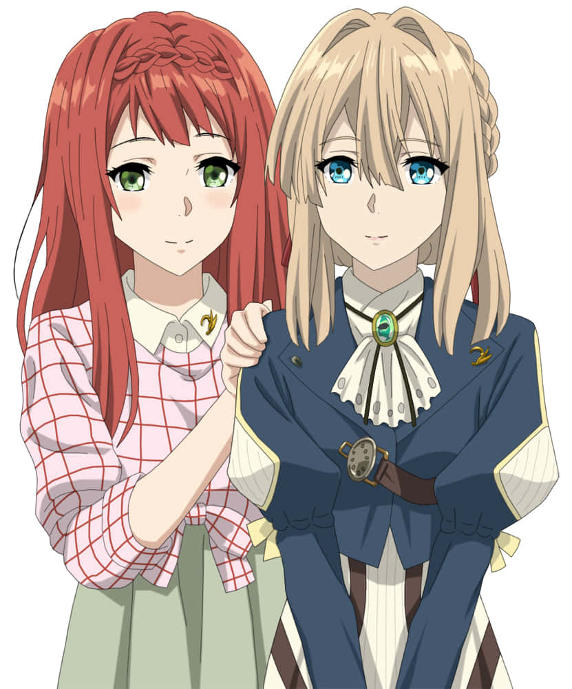 Luculia Marlborough 桌布 壁紙 — 兩個動漫女孩，一頭紅色和金色辮子，穿著精緻的校服，在純白背景前緊密站在一起，手牽手。