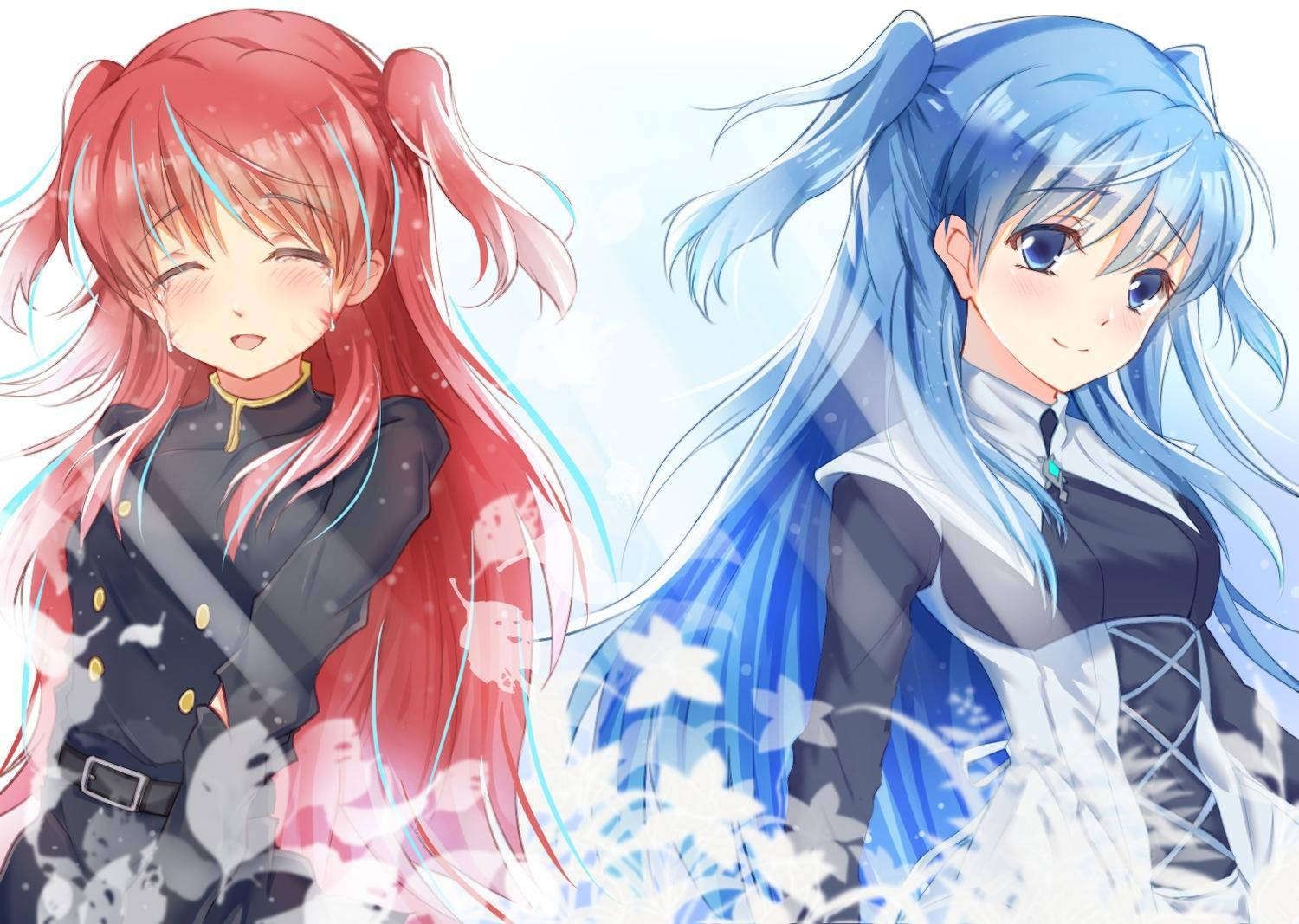 Girly Cartoon 桌布 壁紙 — 兩個動漫女孩，一頭紅髮一頭藍髮，在柔和淺色背景中漂浮的白花間溫柔微笑。