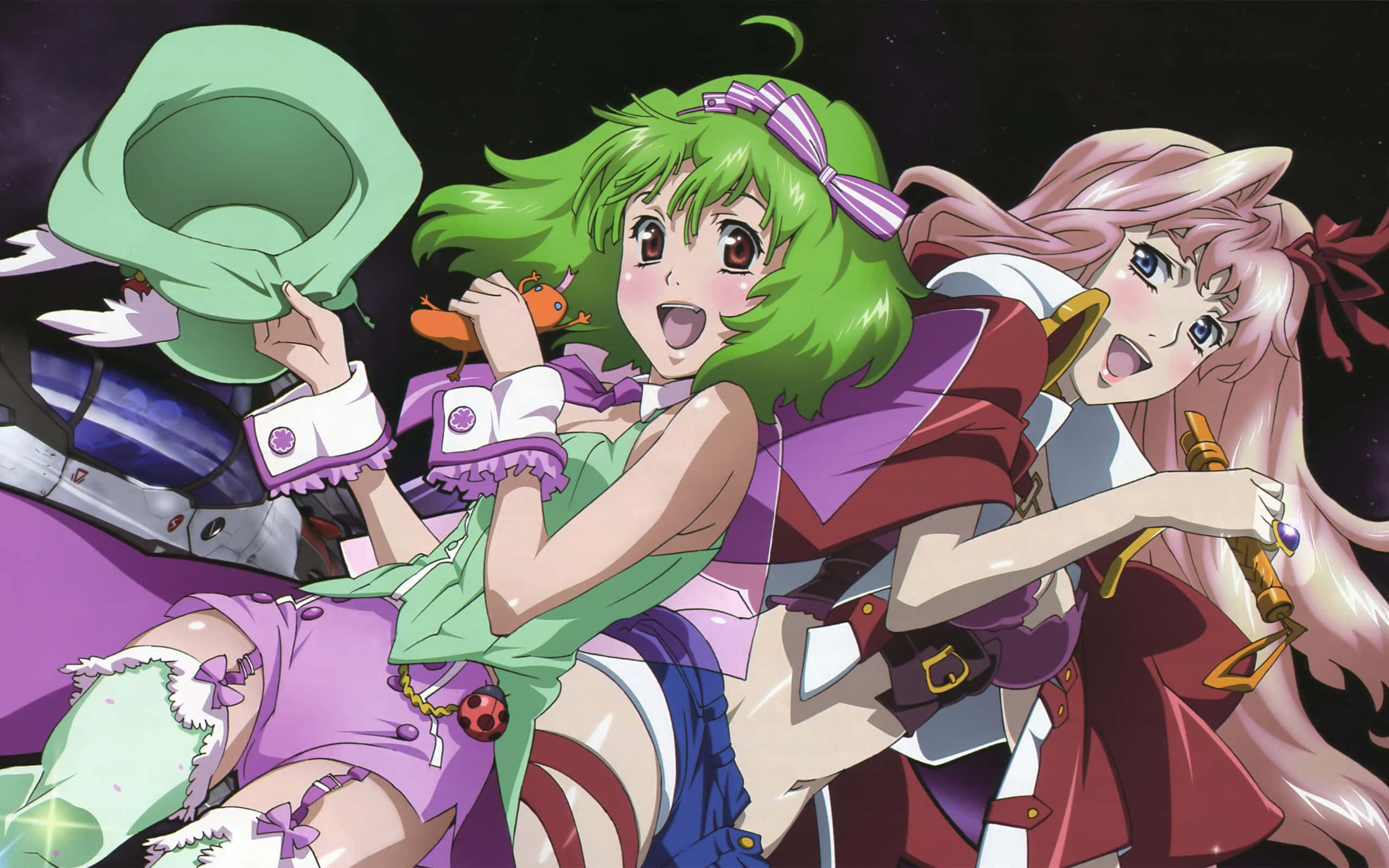 Macross 桌布 壁紙 — 兩個動漫女孩，一頭綠髮和一頭粉紅髮，在星空太空背景下愉快地擺姿勢，一個拿著帽子，另一個拿著手杖。