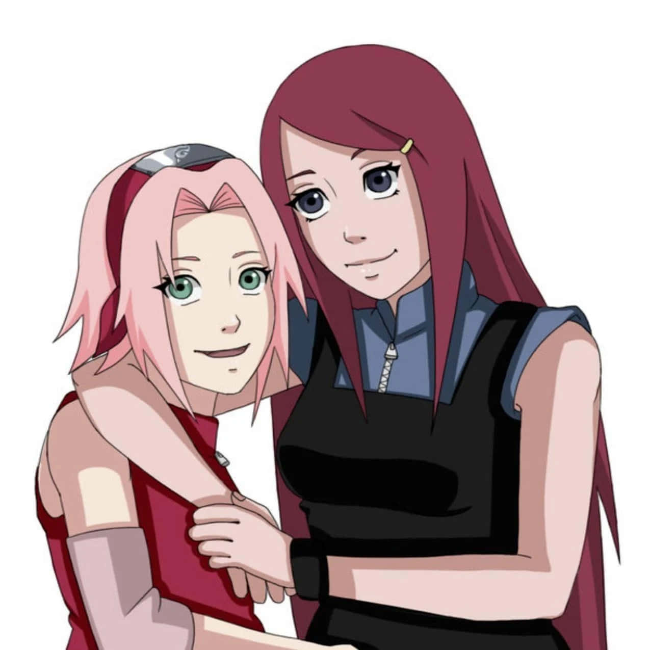 Kushina Uzumaki 桌布 壁紙 — 兩個動漫女孩，分別有粉紅色和栗色頭髮，在純白色背景前溫暖地擁抱。