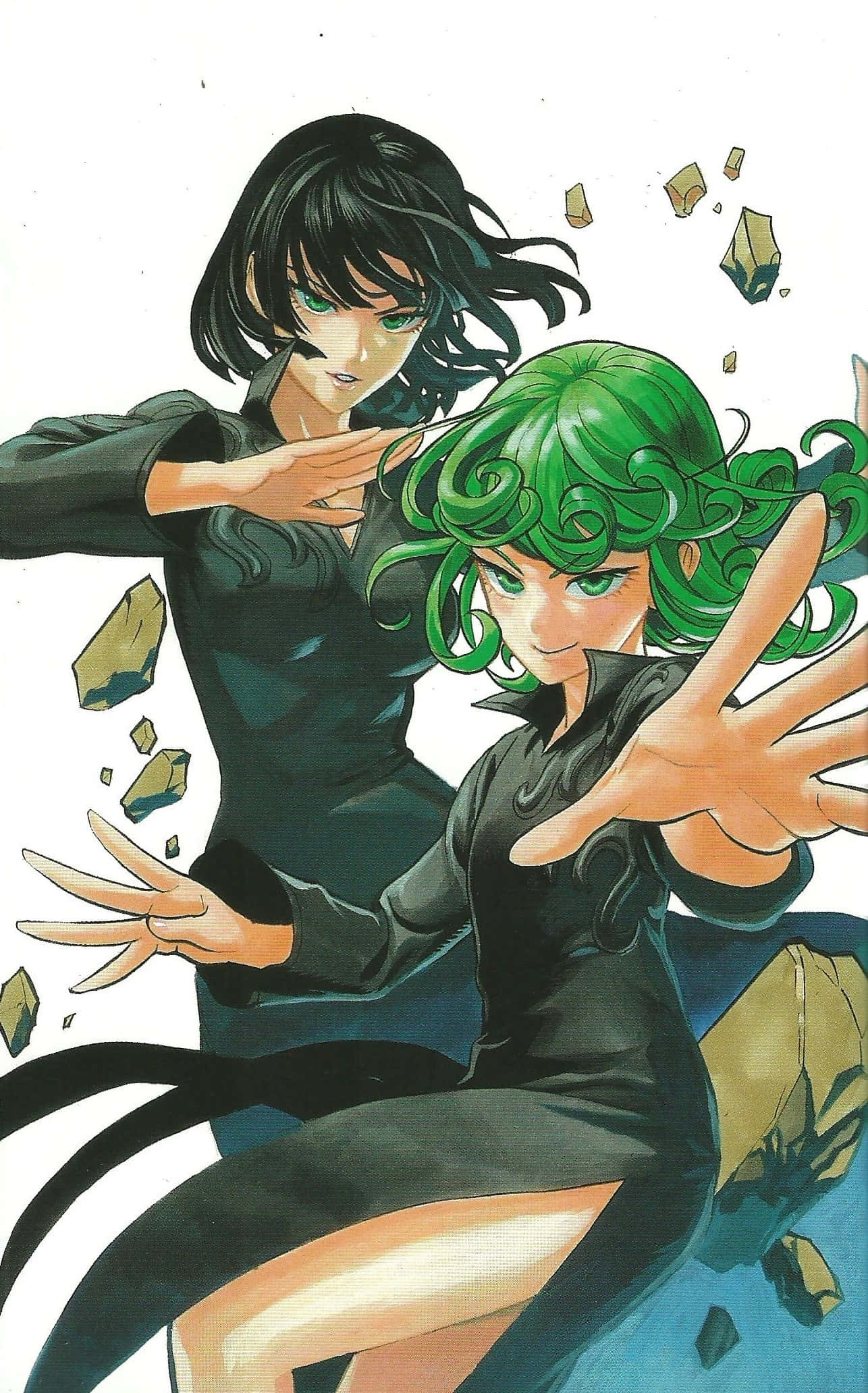 Fubuki 桌布 壁紙 — 兩個動漫女孩，擁有綠色眼睛和黑色與綠色的頭髮，以動態姿勢碰撞，金色碎片在她們周圍飛舞。