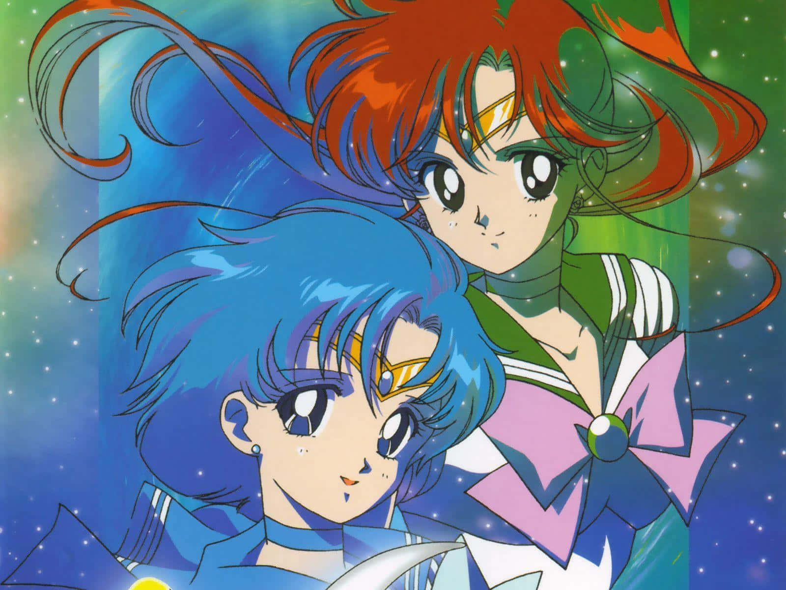 sailor jupiter 桌布 壁紙 — 兩個動漫女孩，擁有飄逸的藍色和紅色頭髮，在星光宇宙背景下向前凝視。