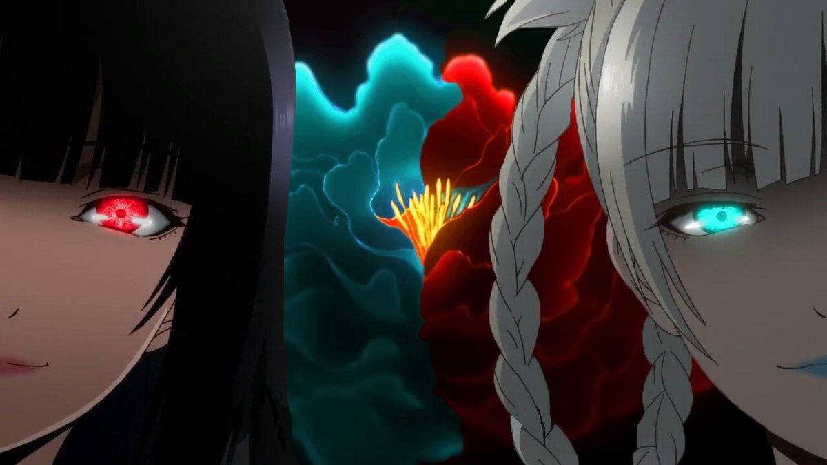 Kakegurui 桌布 壁紙 — 兩個動漫女孩，眼睛發出紅色和藍色光芒，隔著旋轉的紅色和藍綠色能量漩渦對峙。