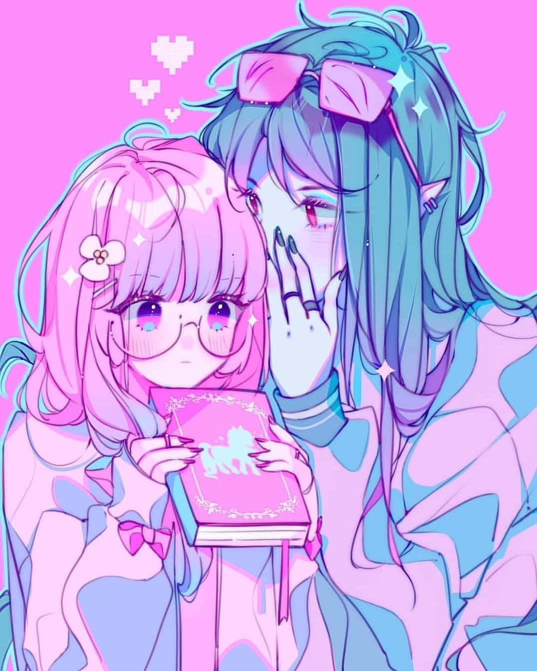 Cute Aesthetic Profile 桌布 壁紙 — 兩個動漫女孩，色調粉紅和藍色，一個向另一個耳語秘密，另一個拿著一本帶有獅子剪影的粉紅色書。