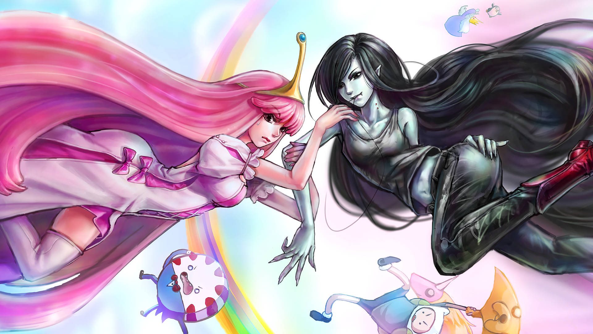 Marceline 桌布 壁紙 — 兩個動漫女孩，頭髮飄逸，漂浮在彩虹背景上，下方有細小的漂浮角色。