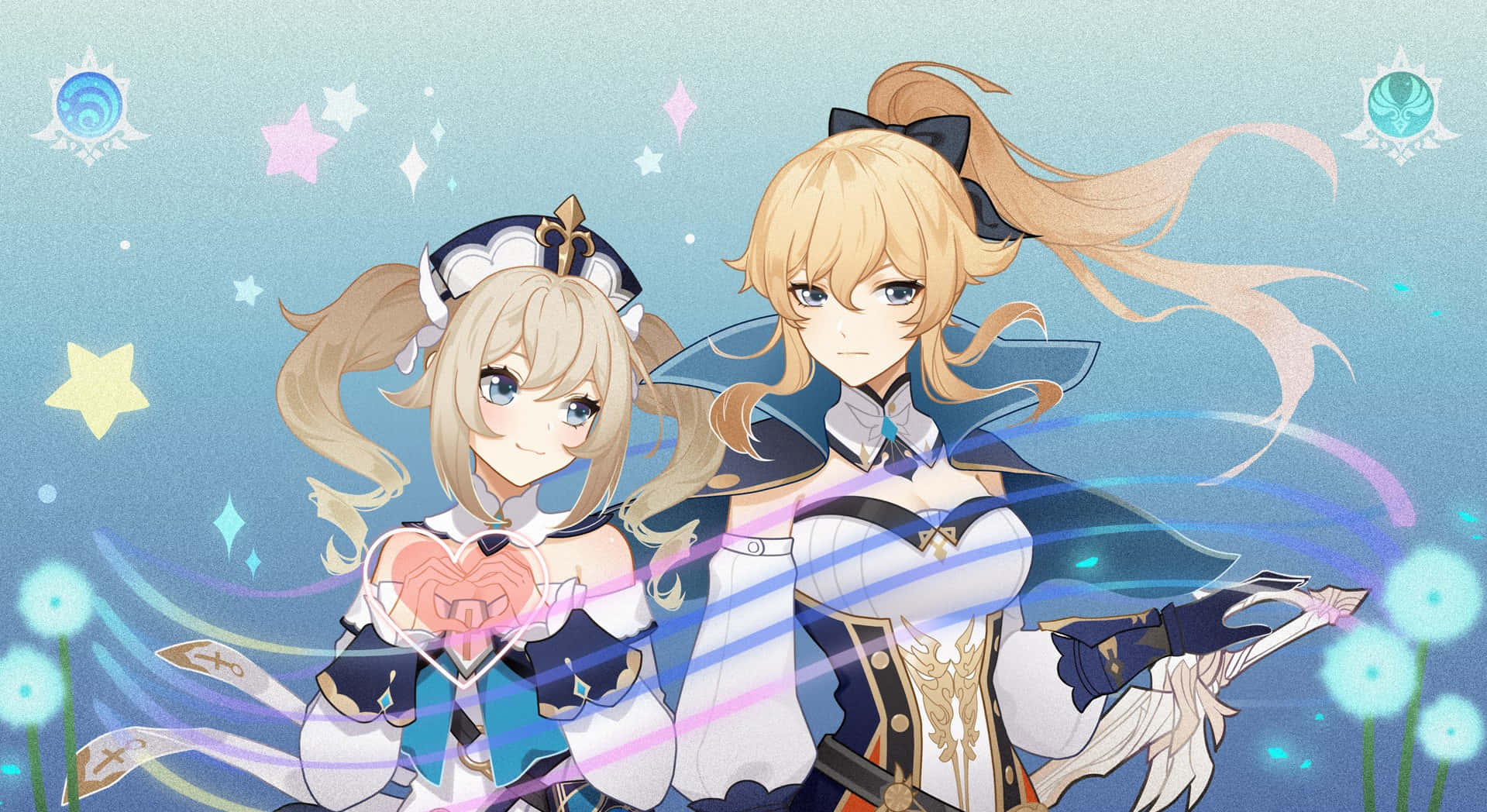 Genshin Impact Jean 桌布 壁紙 — 兩個動漫女孩，頭髮飄逸，站在繁星點點的藍色背景前，背景中有發光的蒲公英和魔法能量軌跡。