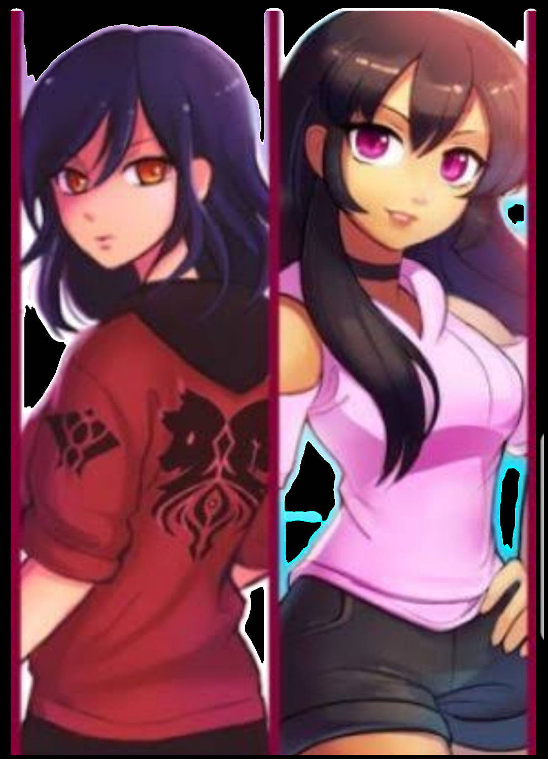 Aphmau 桌布 壁紙 — 兩個動漫女孩並排站立，採用鋸齒邊緣和發光輪廓的分屏風格。