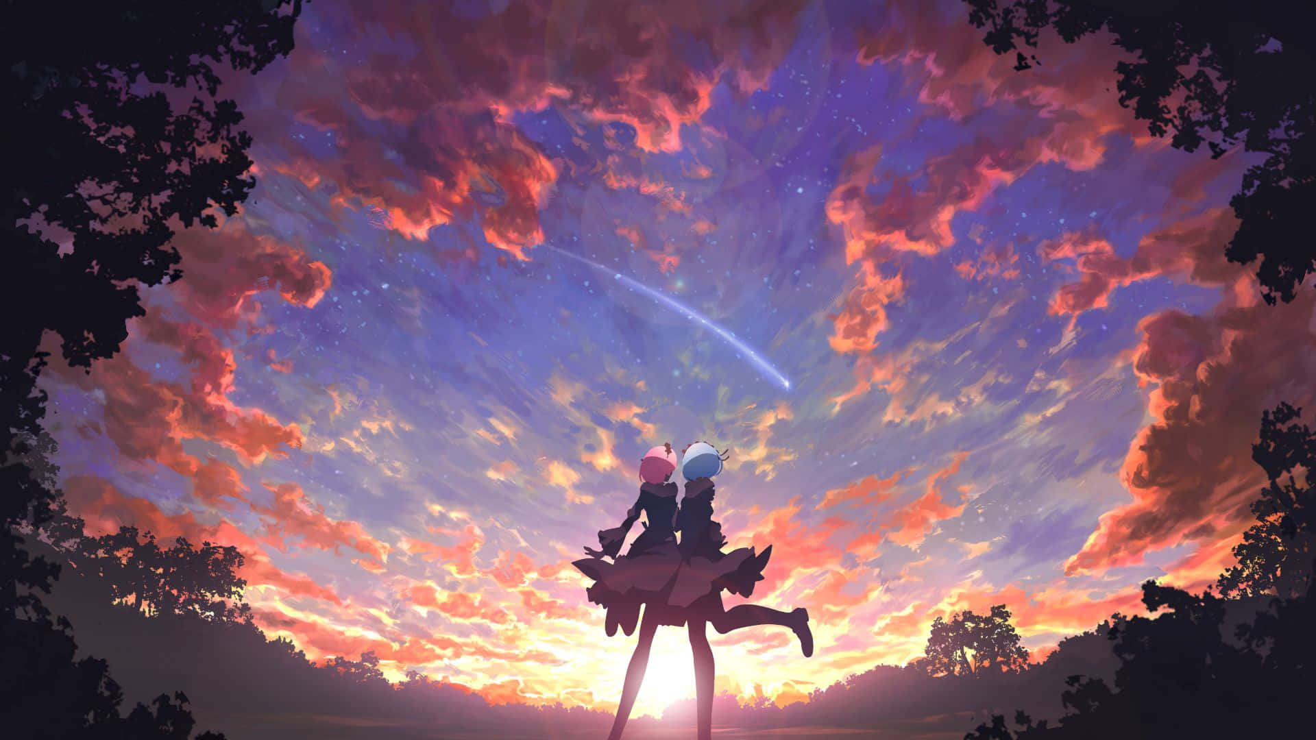 Re Zero 桌布 壁紙 — 兩個動漫女孩以剪影形式，在充滿宇宙光芒和星星的鮮豔日落天空中歡樂跳躍。