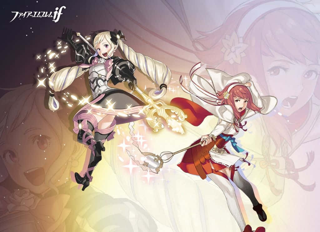 兩個動漫女孩在魔法戰鬥中，手持發光武器，頭髮飄逸。 — Fire Emblem Warriors 壁紙