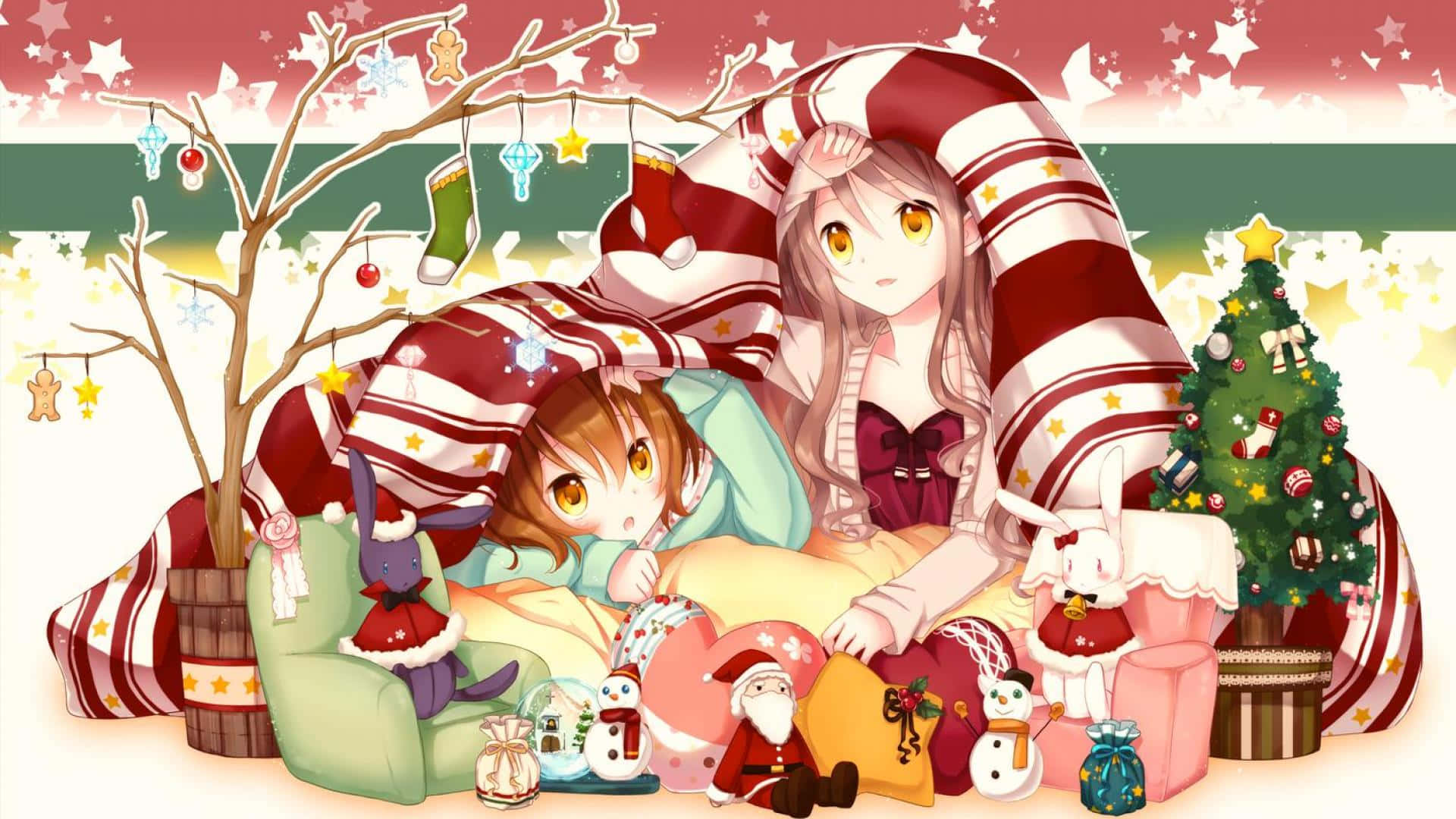 Anime Christmas 桌布 壁紙 — 兩個動漫女孩依偎在一張巨大的拐杖糖毯子下，周圍是節日聖誕裝飾和毛絨玩具。