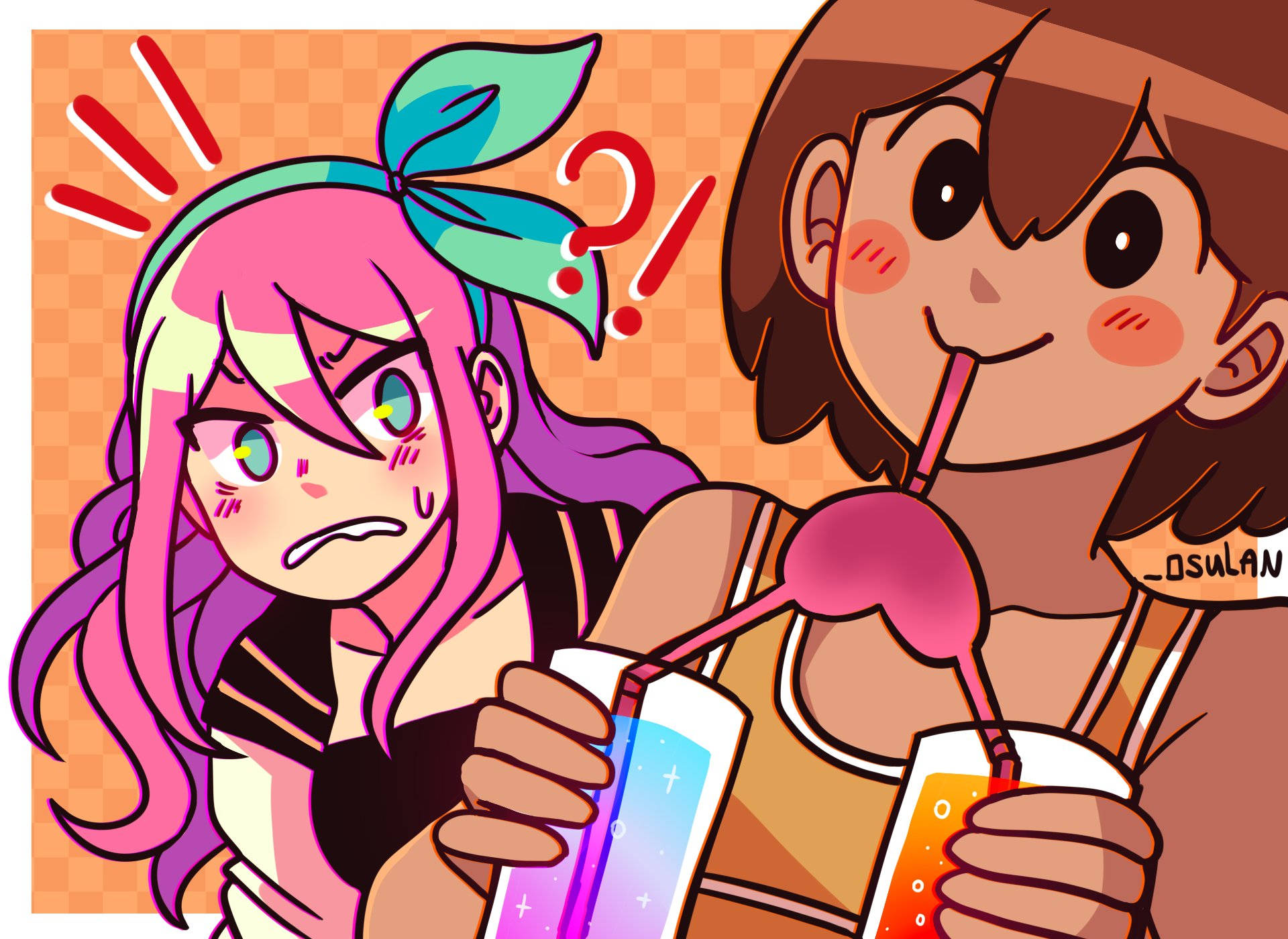兩個動漫女孩喝著色彩繽紛的飲料，一個驚訝，一個微笑。 — Omori GIF 壁紙