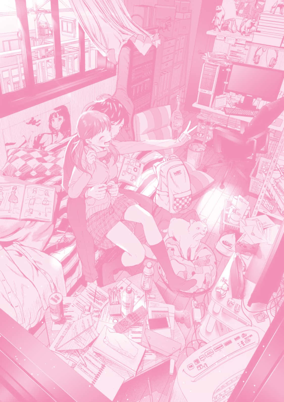 Pastel Pink Aesthetic Anime 桌布 壁紙 — 兩個動漫女孩在一個亂糟糟的粉紅色臥室，充滿雜物和遊戲裝備。