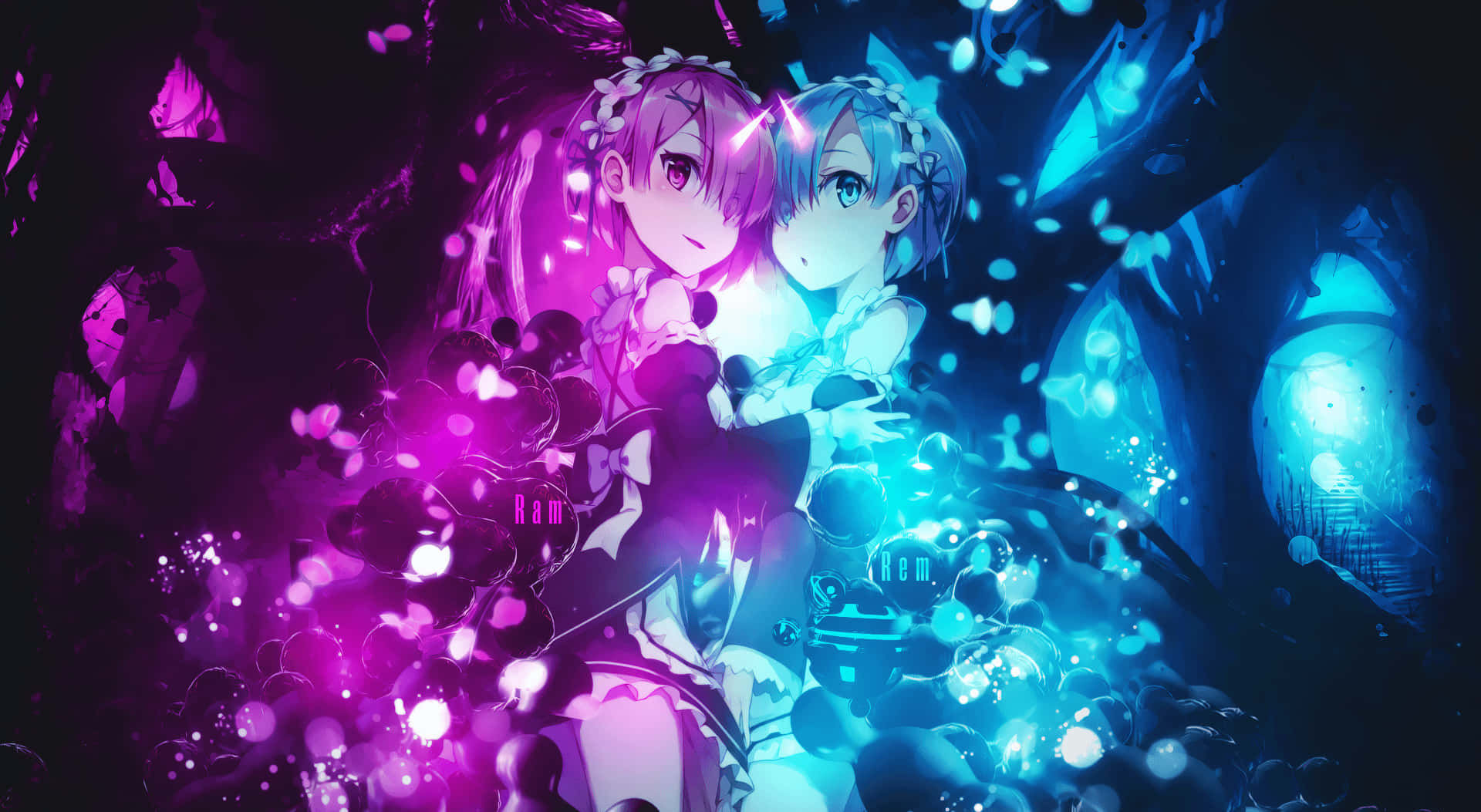 Purple Anime 桌布 壁紙 — 兩個動漫女孩在一個神秘洞穴中擁抱，洞穴閃爍著充滿活力的紫色和藍色魔法粒子。