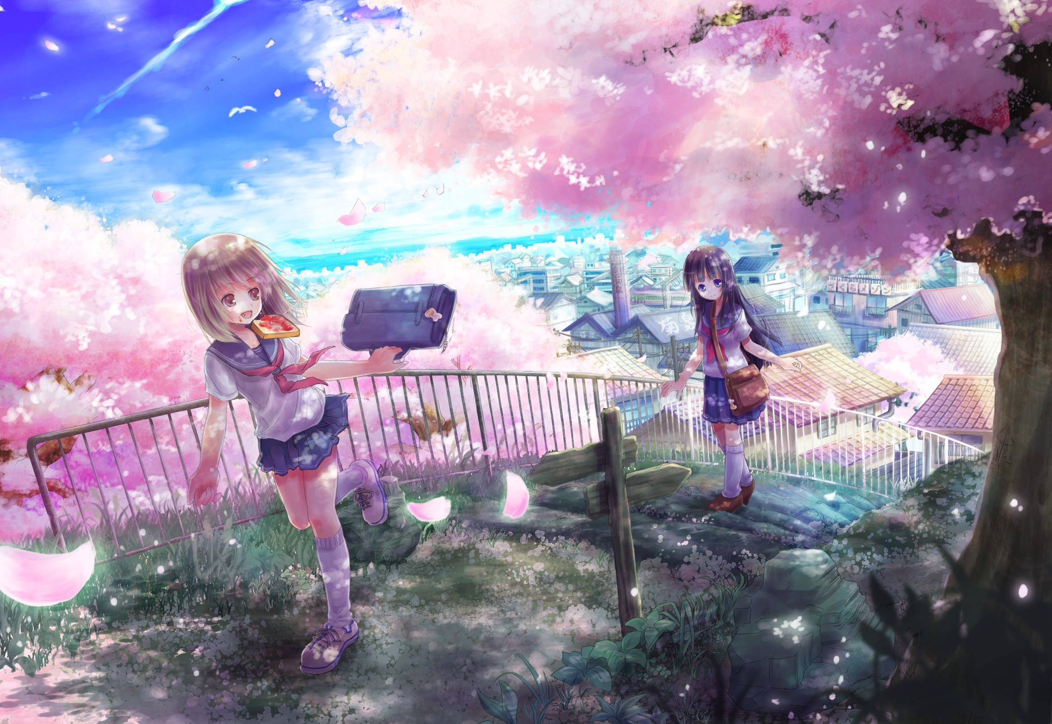 Cute Spring 桌布 壁紙 — 兩個動漫女孩在充滿活力的天空下欣賞櫻花，花瓣飄落，下方是城市景觀。