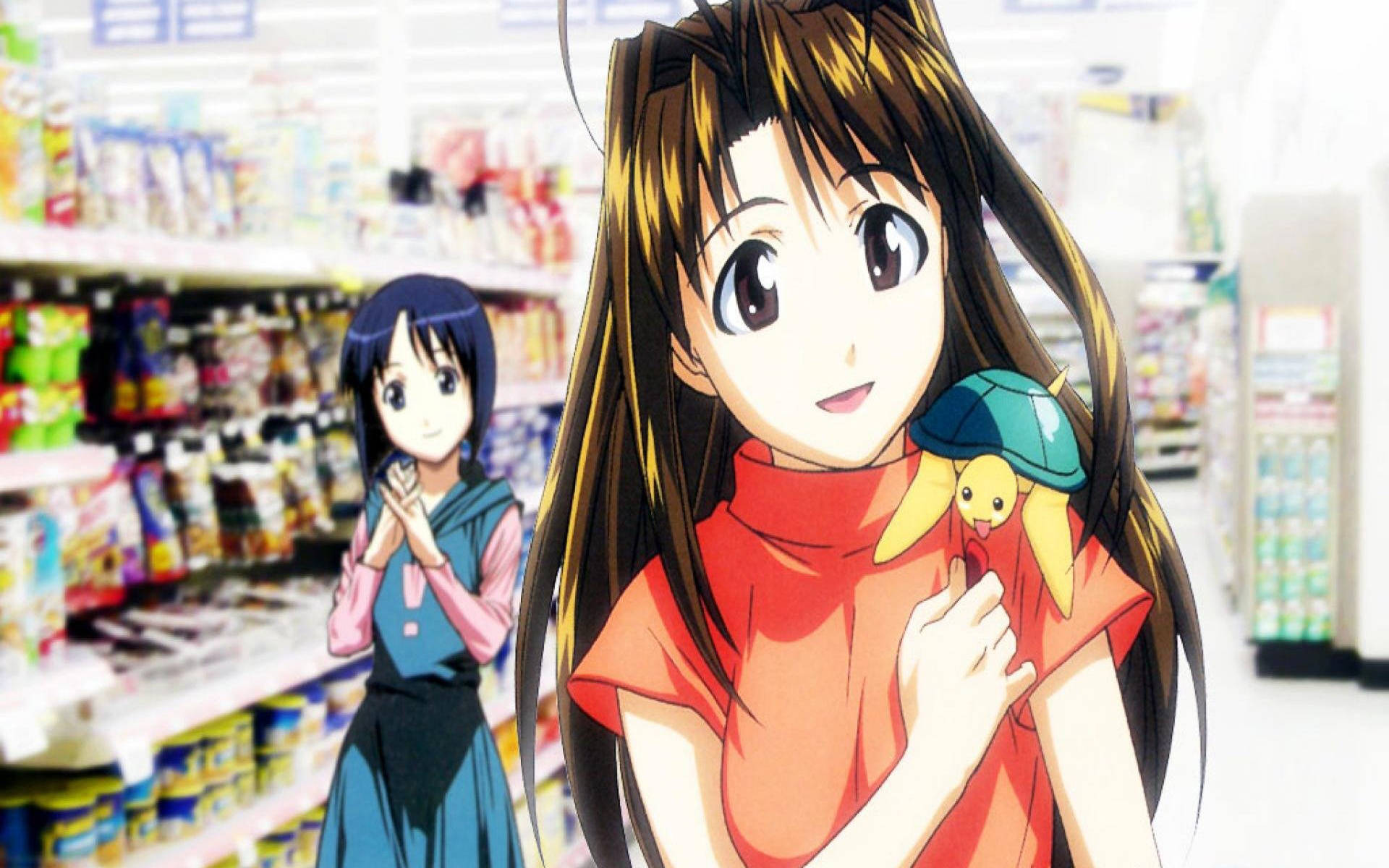 Hina 桌布 壁紙 — 兩個動漫女孩在光線明亮的超市走道上，一個抱著毛絨玩具，另一個雙手合十微笑。