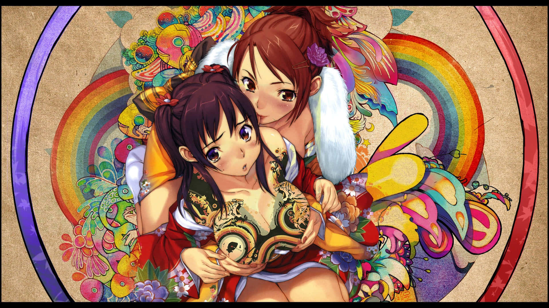 桌布 壁紙 — 兩個動漫女孩在圓形框架中，於充滿活力的彩虹和花卉爆炸中擁抱。
