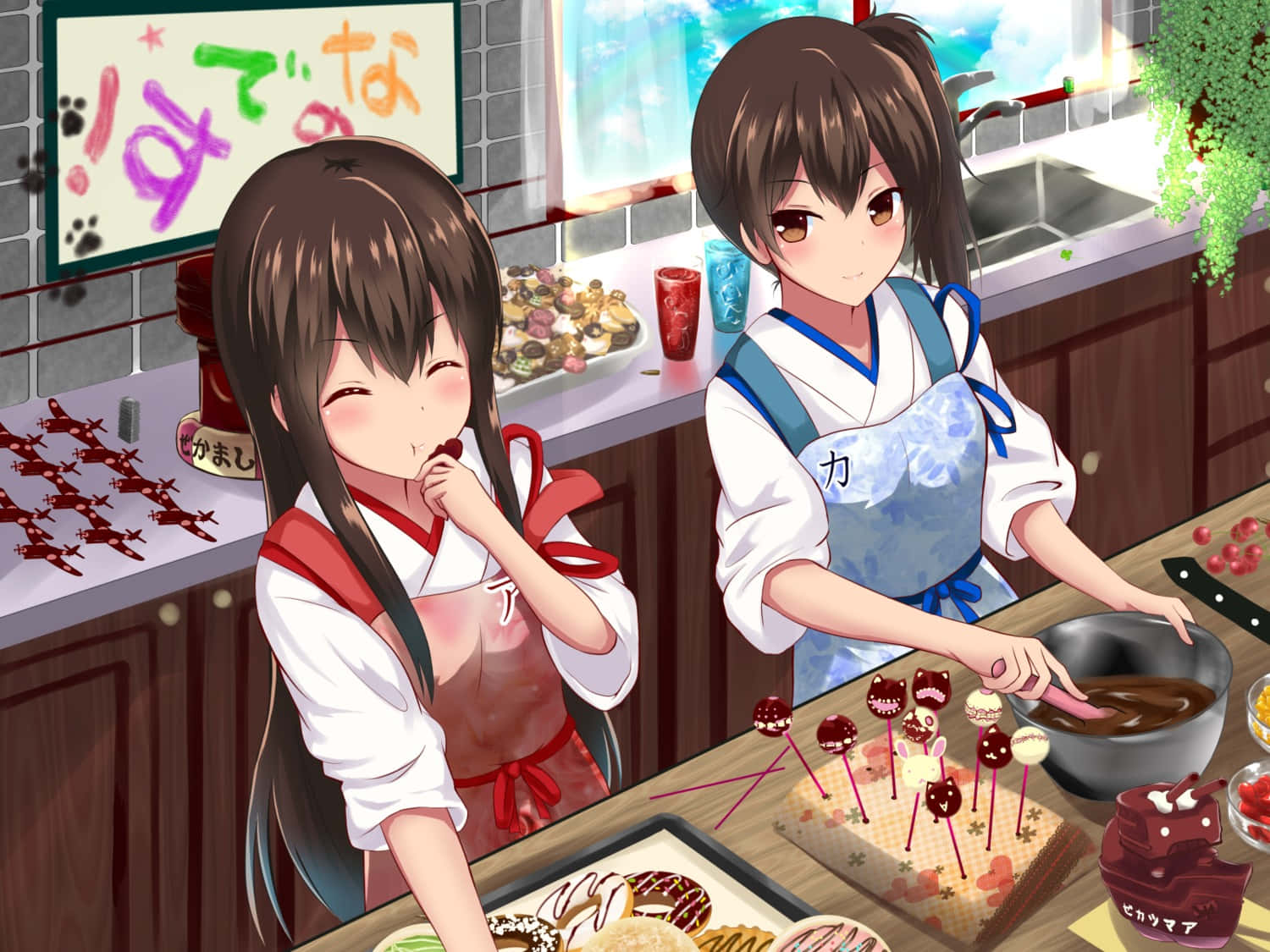 Kantai Collection 桌布 壁紙 — 兩個動漫女孩在廚房裡開心製作和品嚐色彩繽紛的糖果，配上巧克力和裝飾。