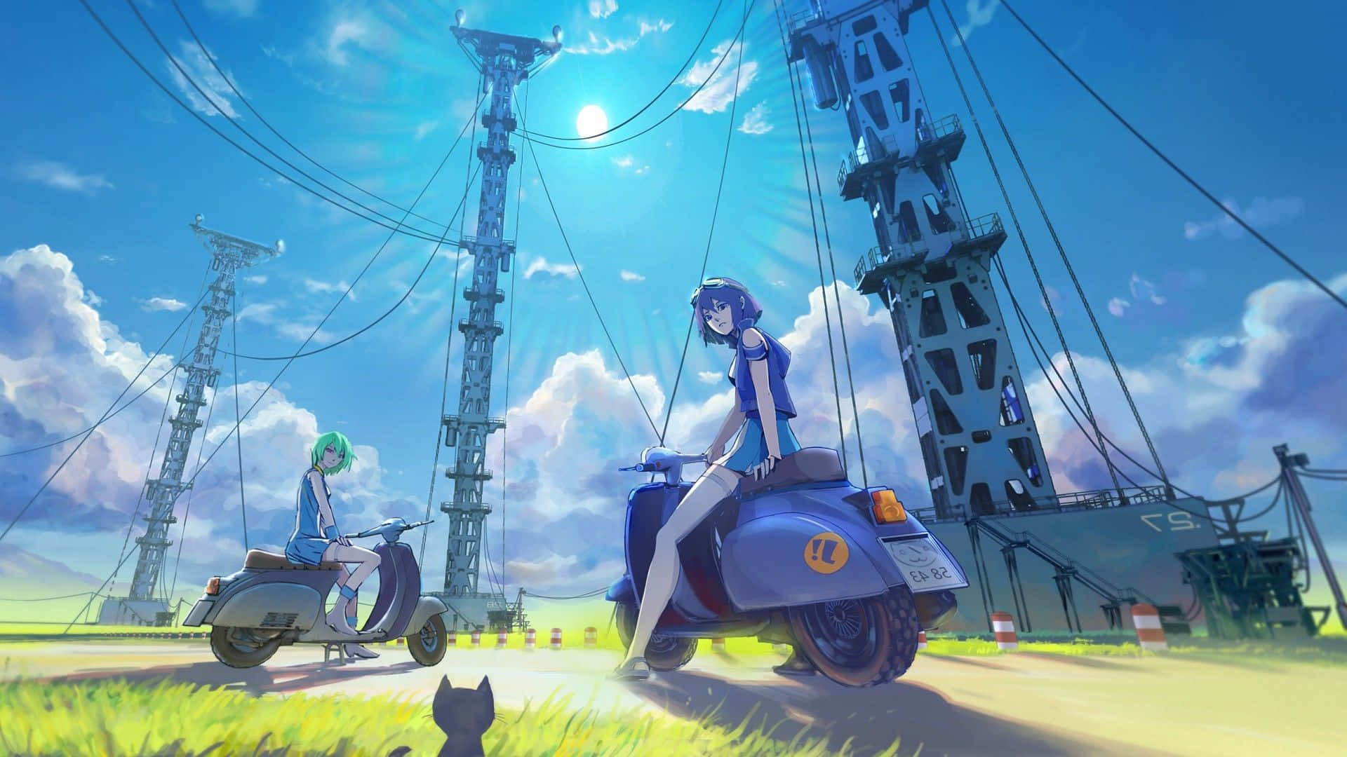 動畫風景 桌布 壁紙 — 兩個動漫女孩在明亮的陽光下騎著滑板車，旁邊是高聳的輸電塔，一隻黑貓在看著。