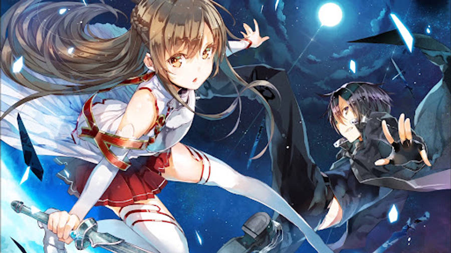 Kirito 桌布 壁紙 — 兩個動漫女孩在星空下，在發光的藍色能量和漂浮的碎片中擺出動態戰鬥姿勢。
