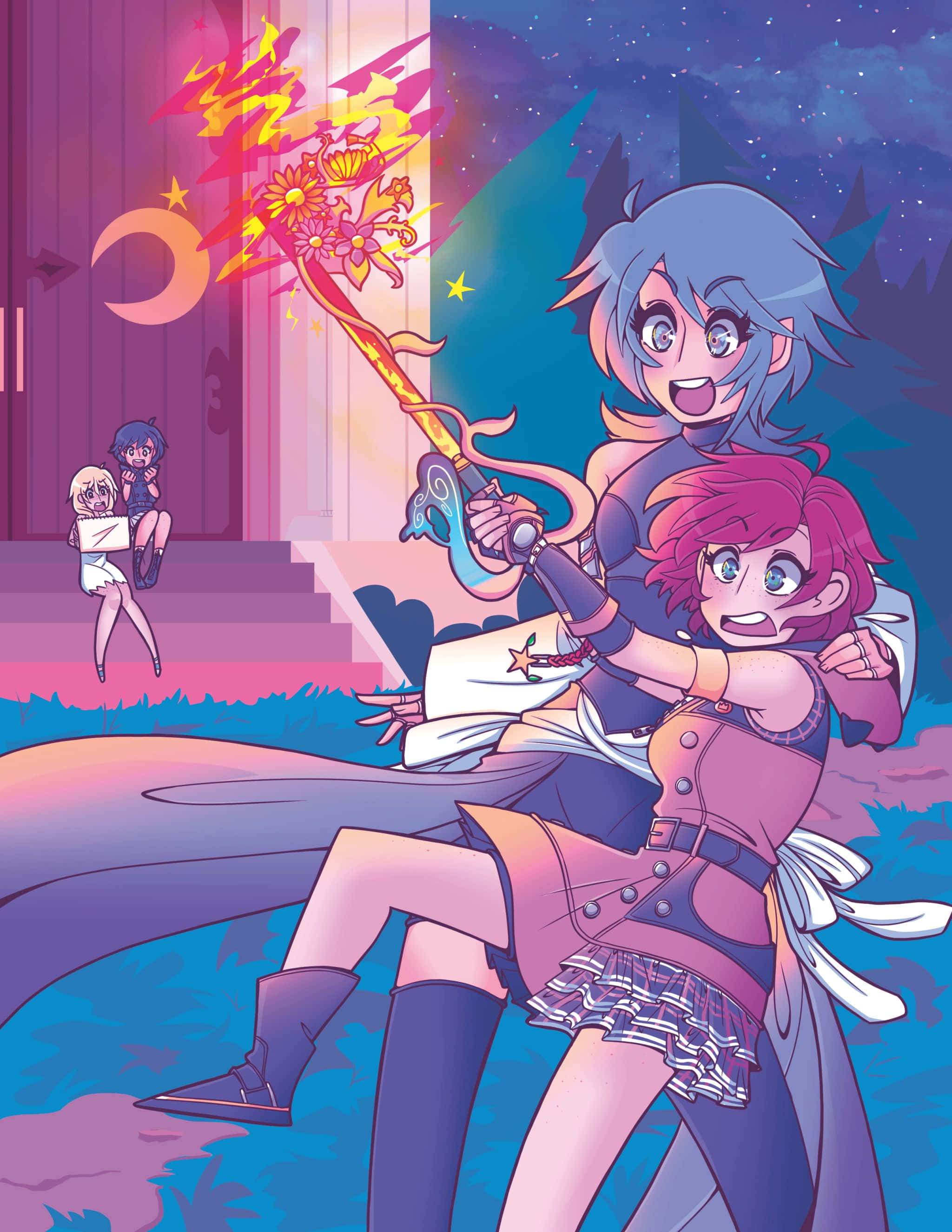 Kingdom Hearts Kairi 桌布 壁紙 — 兩個動漫女孩在星空暮色天空下，新月彎彎，歡快地揮舞著發光的魔法杖。