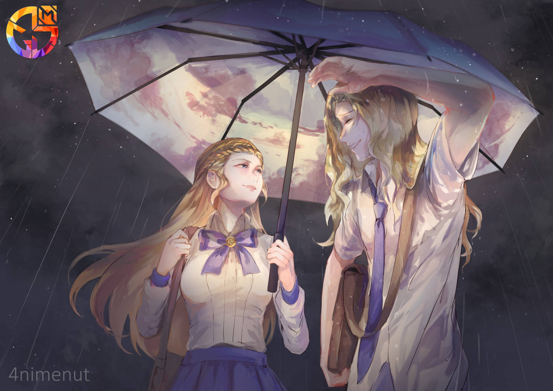 Mobile Legends 動態圖 桌布 壁紙 — 兩個動漫女孩在星空雨天下共用一把紫色雨傘，伴隨著柔和的粉紅雲朵。