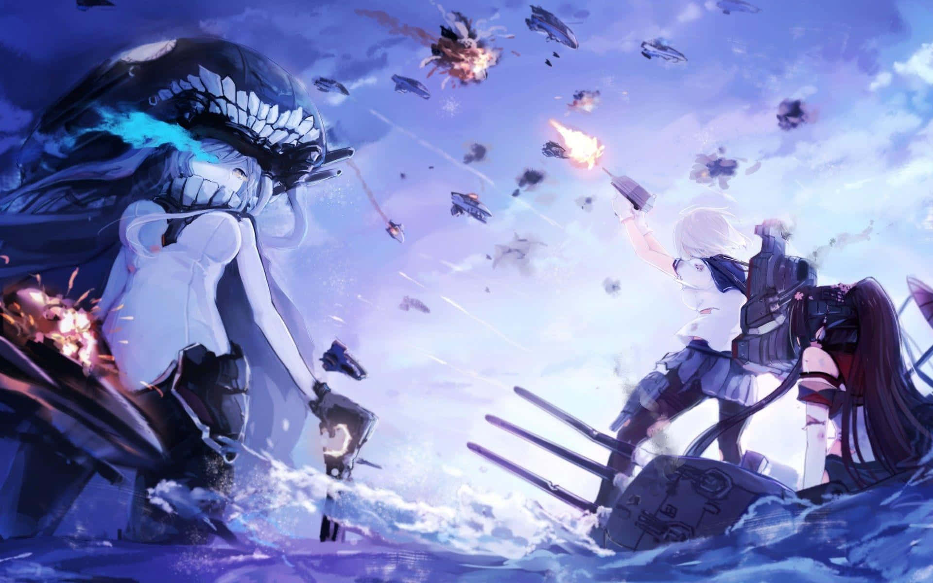 Kantai Collection 桌布 壁紙 — 兩個動漫女孩在暴風雨的海上，於爆炸和飛揚的碎片中與一艘巨大的骷髏頭戰艦戰鬥。