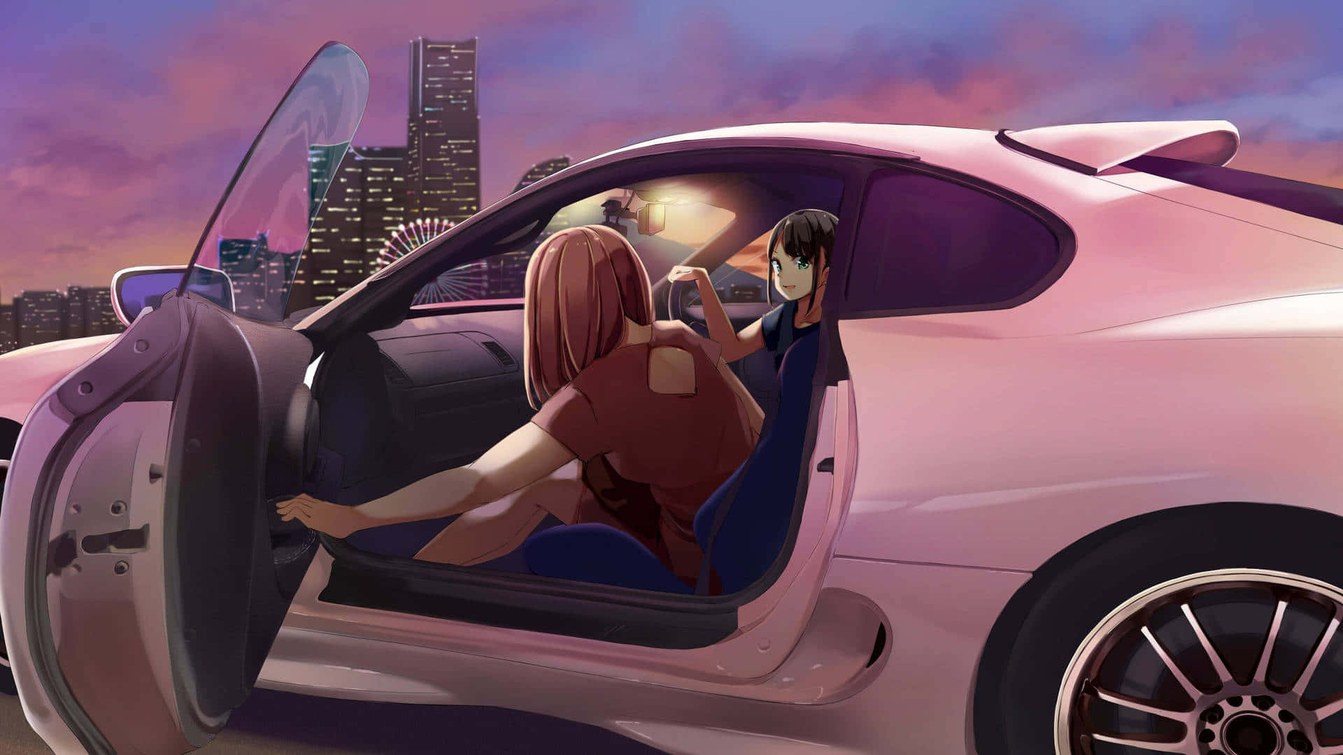 桌布 壁紙 — 兩個動漫女孩在粉紅色跑車中，車門打開，背景是黃昏時發光的城市天際線。