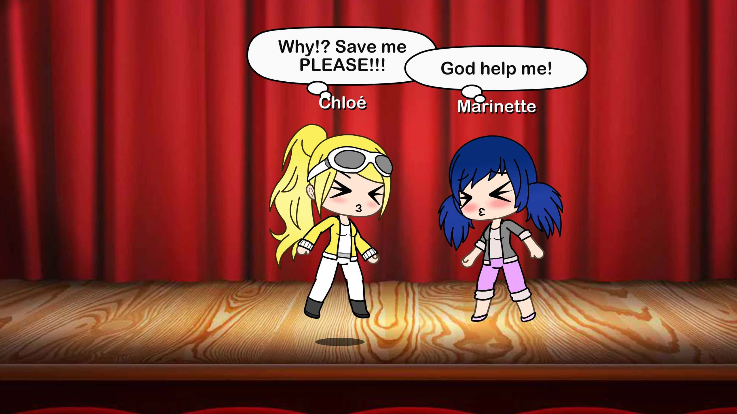 Gacha Life Funny 桌布 壁紙 — 兩個動漫女孩在紅色窗簾前的木製舞台上驚慌失措，對話框懇求幫助。