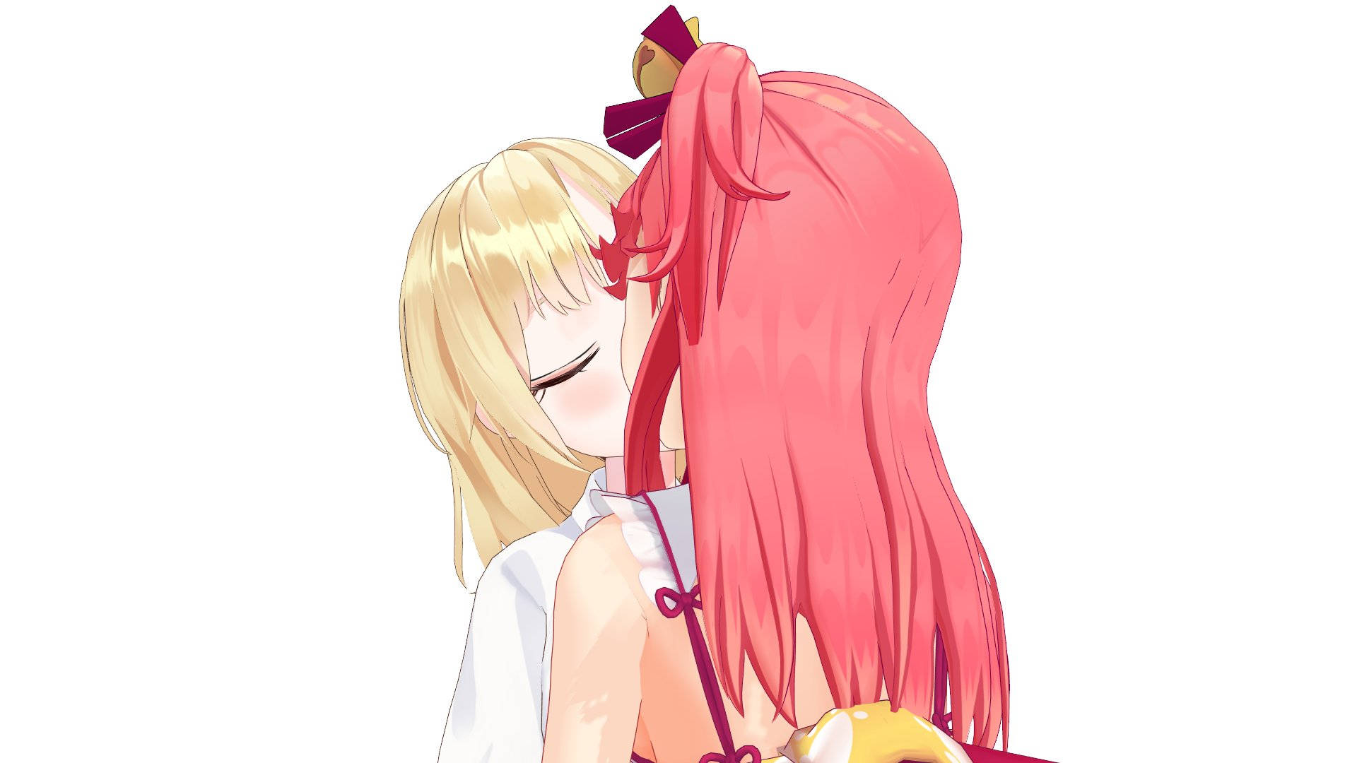 anime kiss 桌布 壁紙 — 兩個動漫女孩在純白背景前溫暖擁抱，一個金髮，一個粉紅髮。