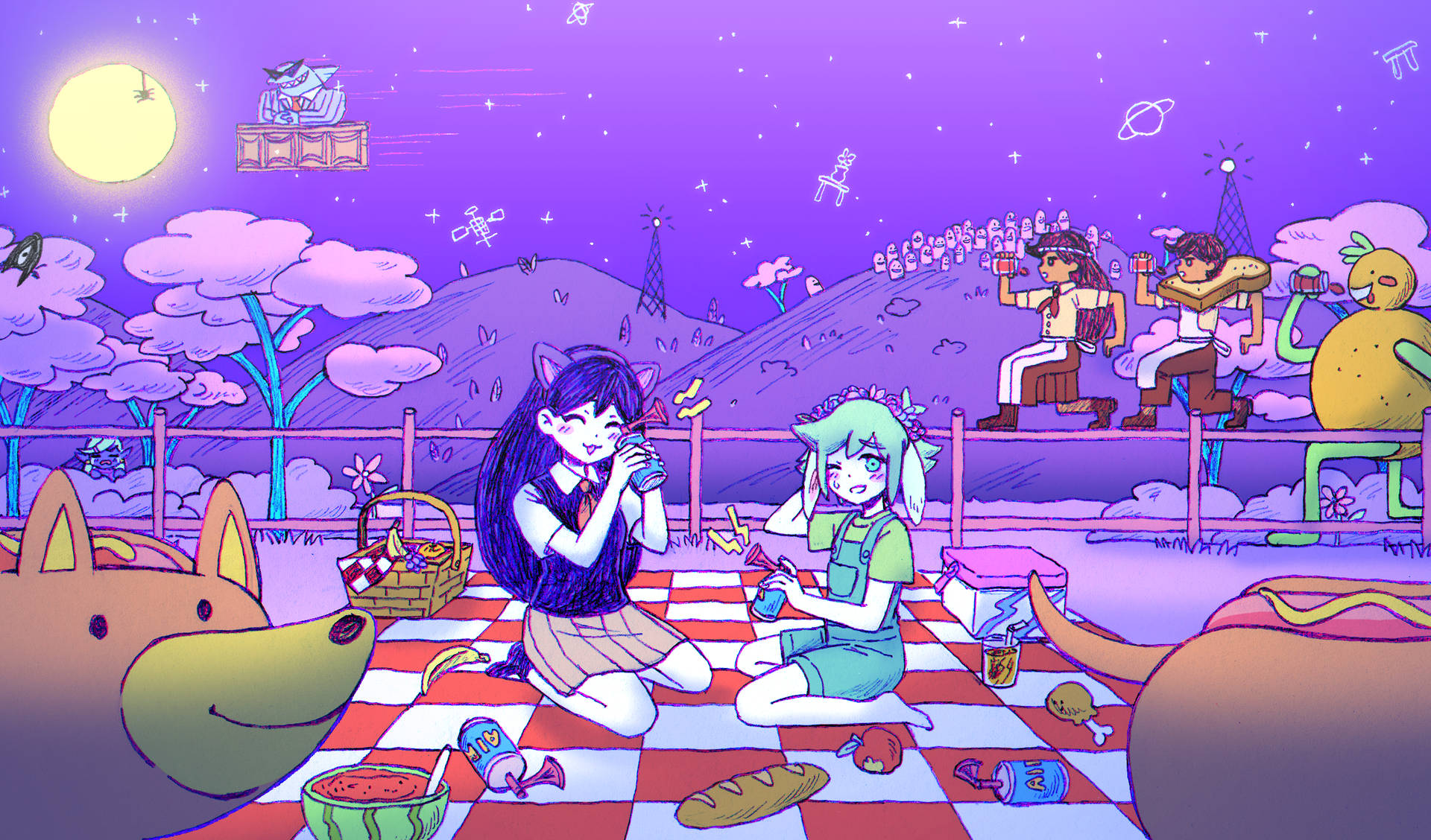 兩個動漫女孩在紫色星空下享受野餐，有漂浮的行星和頑皮的生物。 — Omori GIF 壁紙