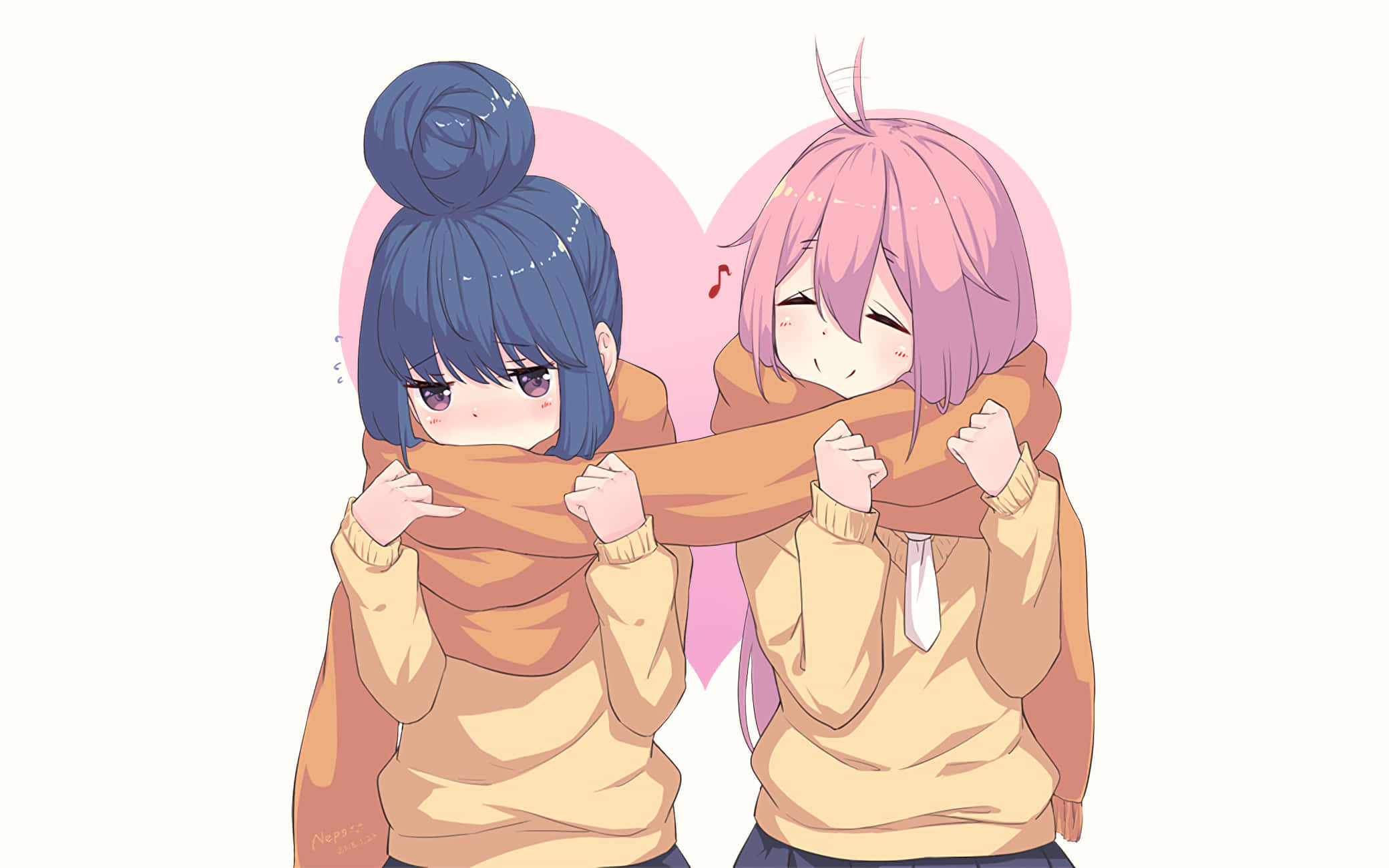 Laid Back Camp 桌布 壁紙 — 兩個動漫女孩在舒適的心形背景中分享一條溫暖的圍巾，帶有柔和的粉彩調。