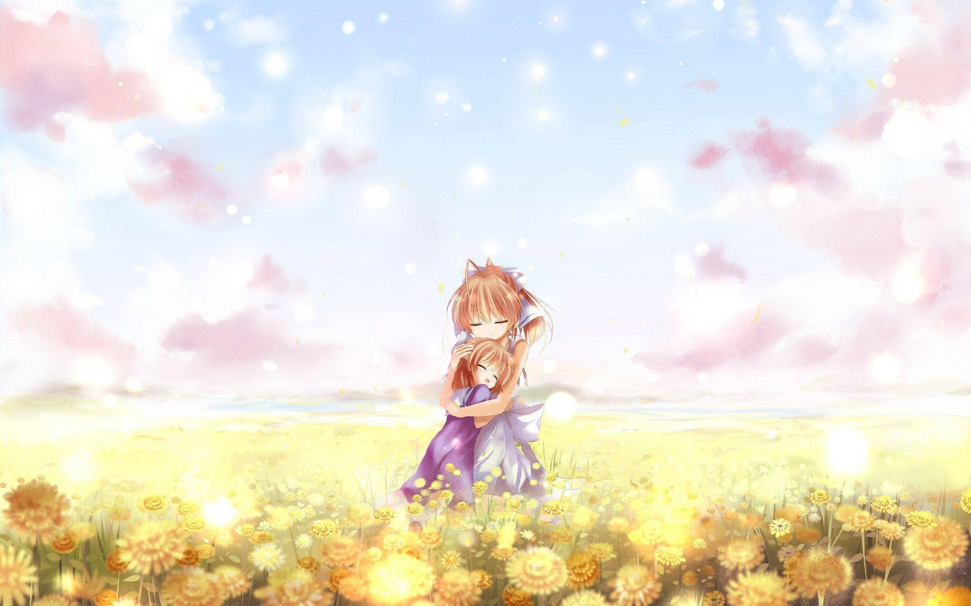 Clannad 桌布 壁紙 — 兩個動漫女孩在陽光普照的金色花田裡，在柔和的粉紅與藍天下溫暖地擁抱。
