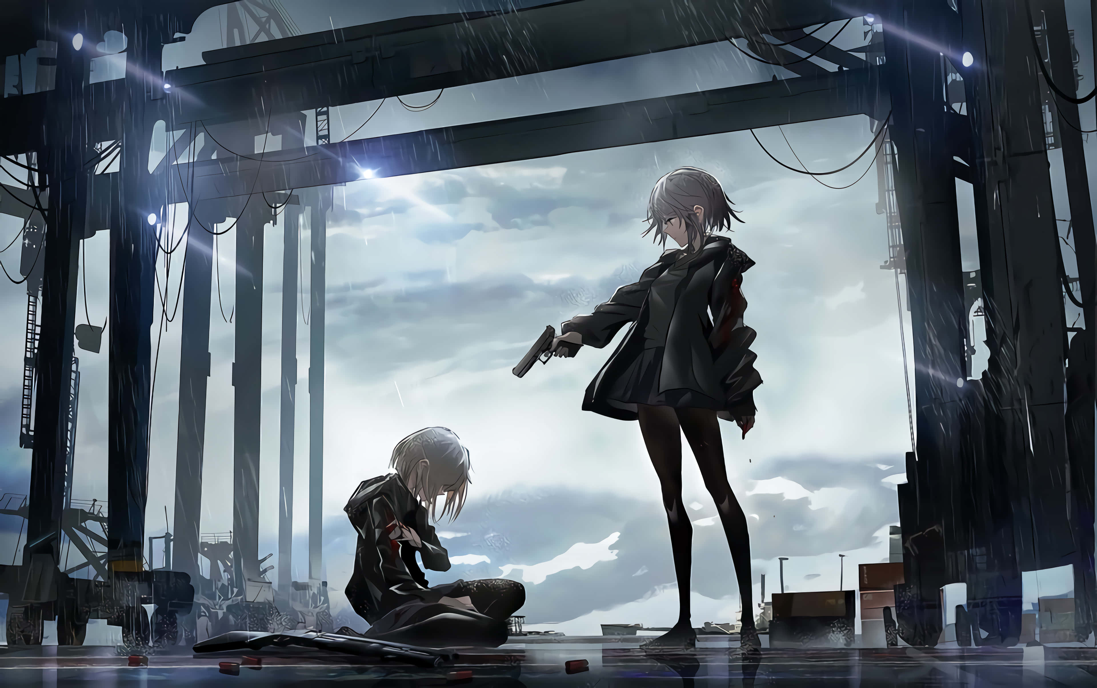 Sad Anime Death 桌布 壁紙 — 兩個動漫女孩在雨中工業廢墟中，一個站著持槍，另一個跪著失敗，在戲劇性的燈光下。