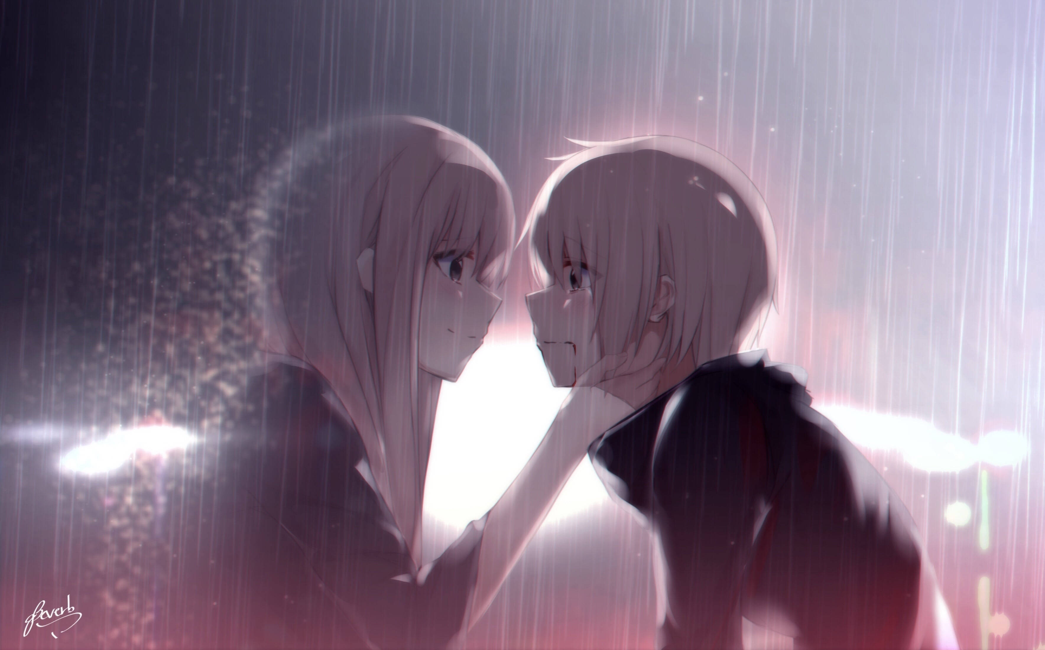 動漫 桌布 壁紙 — 兩個動漫女孩在雨夜場景中面對面，周圍有發光的燈光和柔和的粉紅色調。