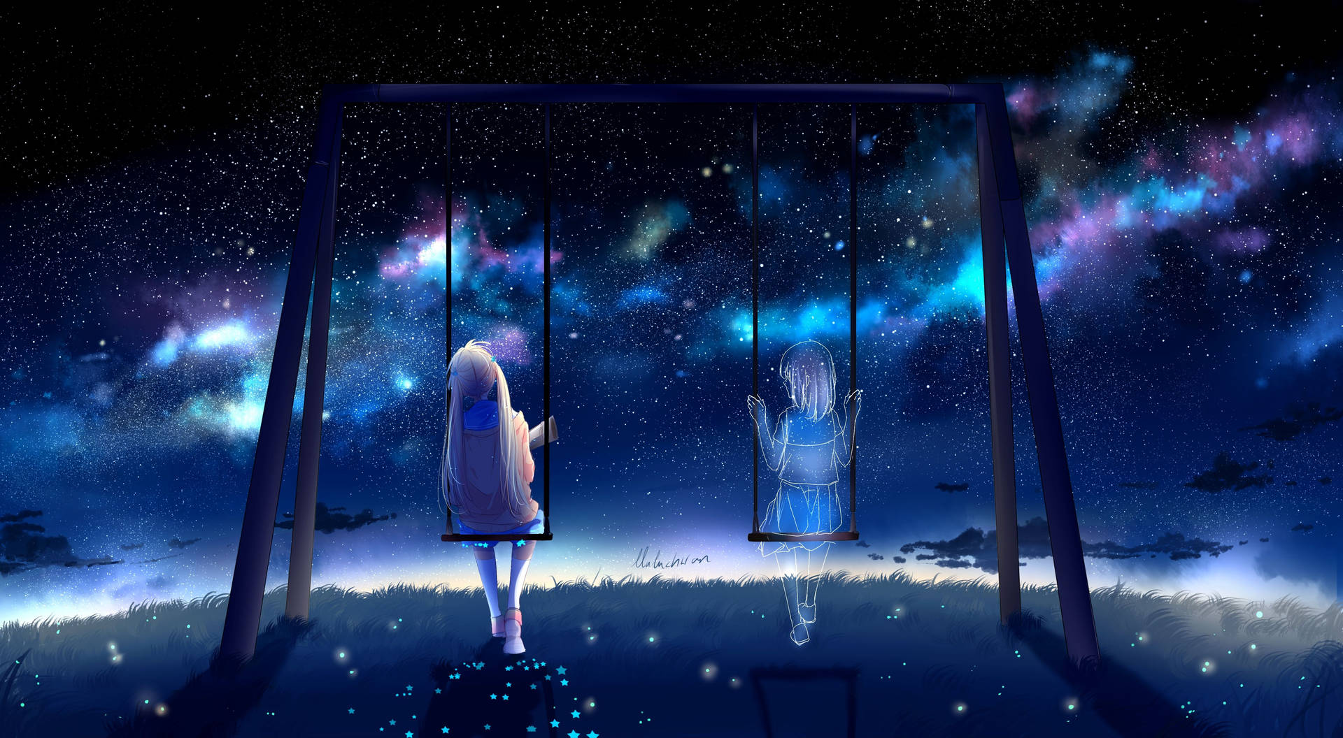 兩個女孩在鞦韆上，星空夜空下有發光的星雲。 — 憂鬱動漫女孩 GIF 壁紙