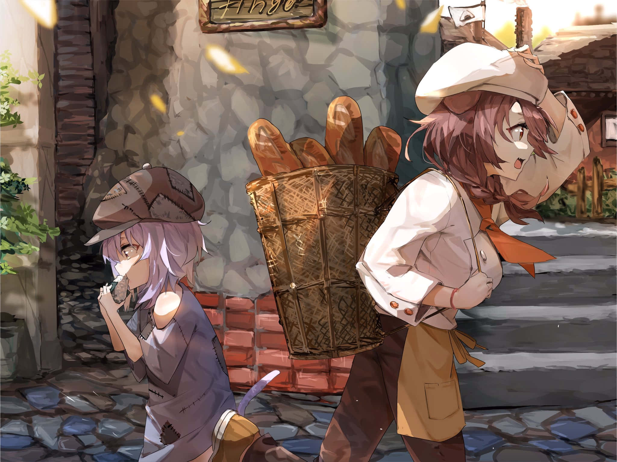 Inugami Korone 桌布 壁紙 — 兩個動漫女孩在鵝卵石村莊街道上漫步，一個拿著一籃麵包，另一個帶著愉快的表情吃著糕點。