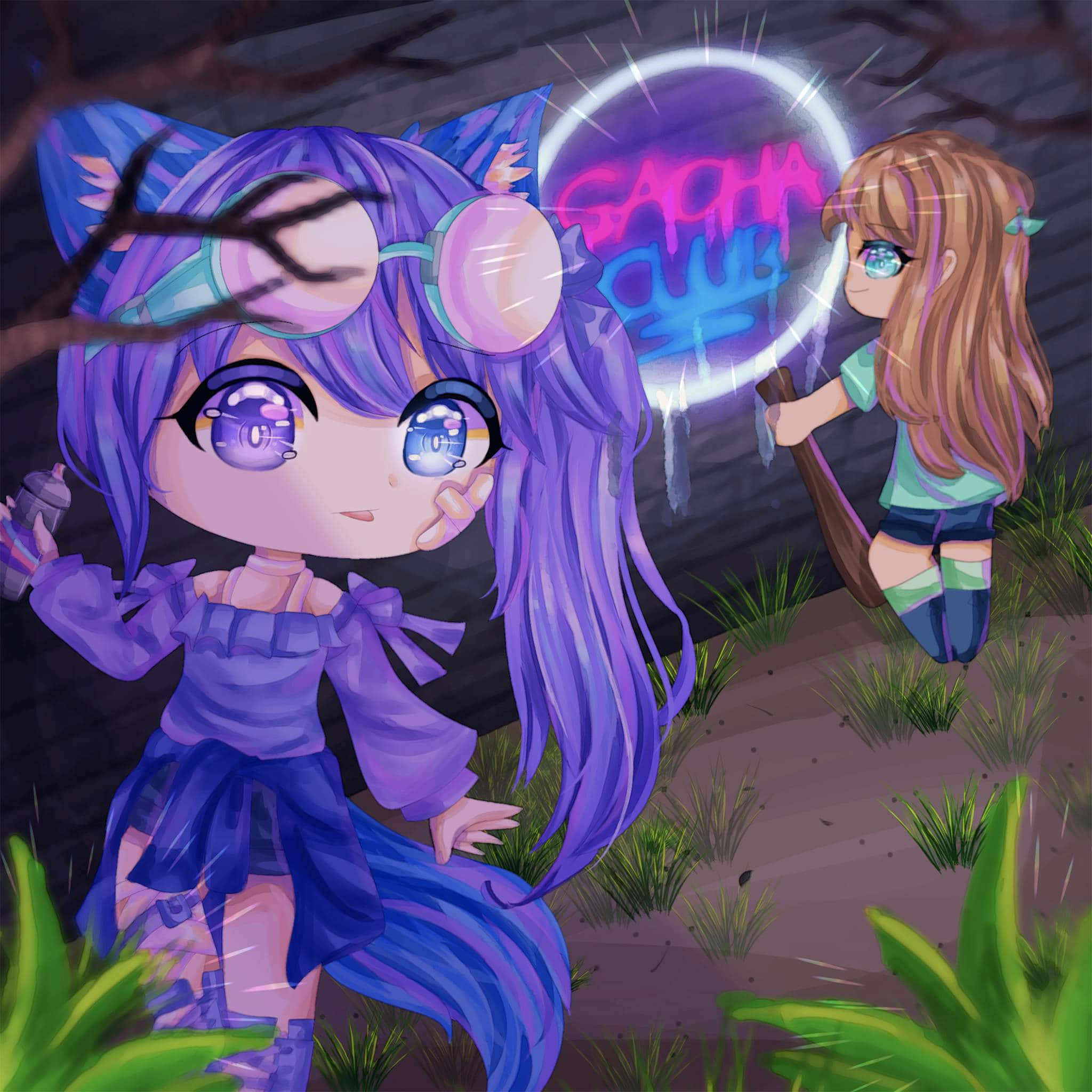 Gacha Life 桌布 壁紙 — 兩個動漫女孩在黑暗的森林中，一個有紫色頭髮和護目鏡，另一個有棕色頭髮，正在噴漆一個發光的霓虹燈標誌。